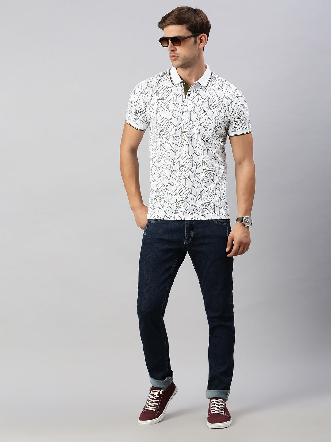 Classic Polo Men's Printed White/Black Cotton Slim Fit Half Sleeve T-Shirt | BEAU - 264 A SF P