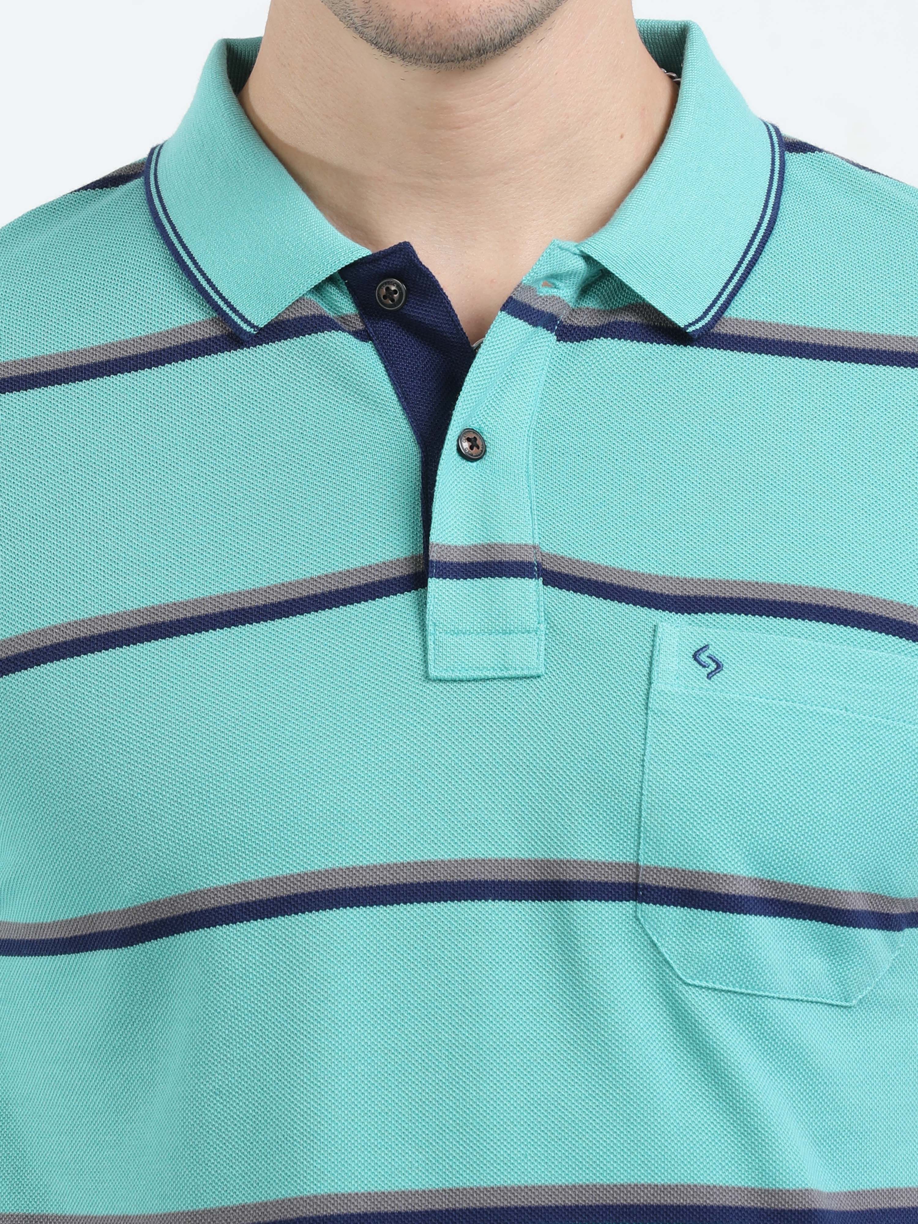 Classic Polo Mens Cotton Half Sleeves Striped Slim Fit Polo Neck Blue Color T-Shirt | Adore - 208 B Sf P