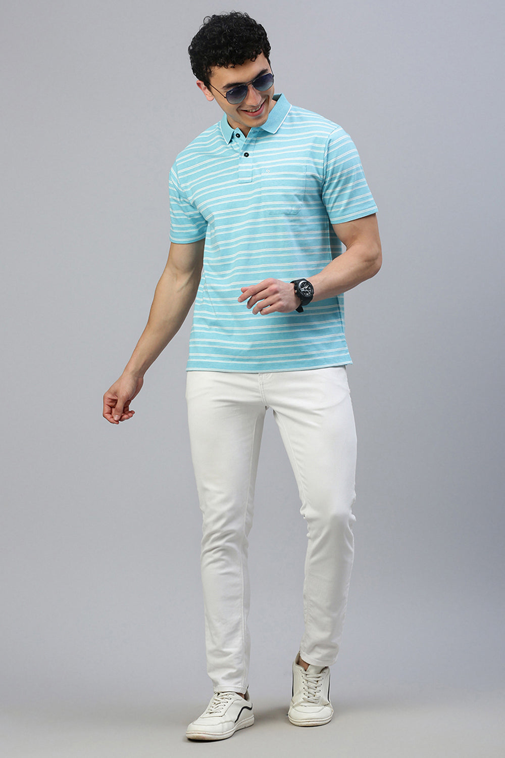 Classic Polo Men's Half Sleeve Lt.Blue/White Polo Neck Authentic Fit Striped T-Shirt
