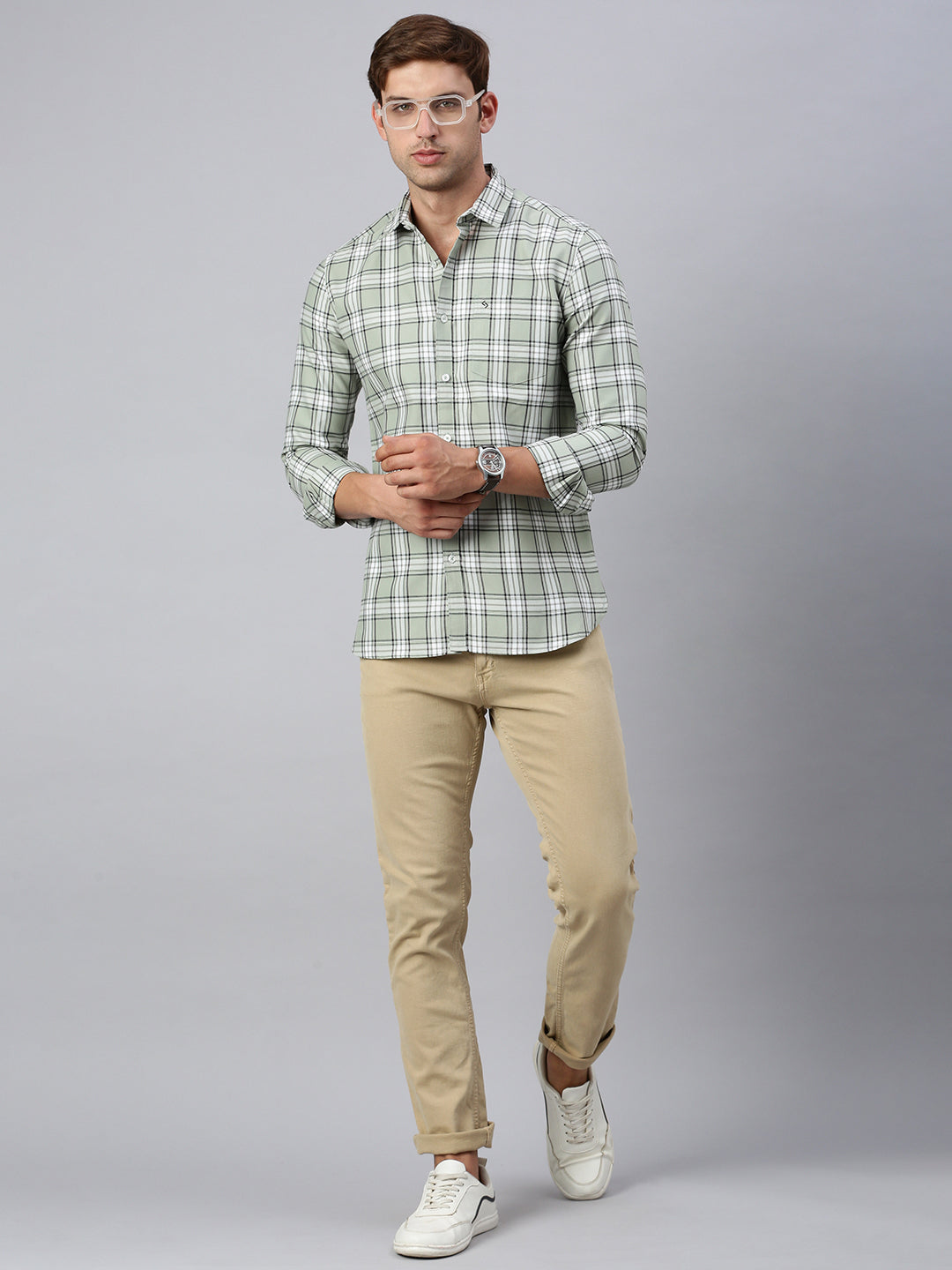 Classic Polo Men's Full Sleeve Lt.Green/White Slim Fit Checked Casual Shirt | SP2-CL-29 B-FS-CHK-SF
