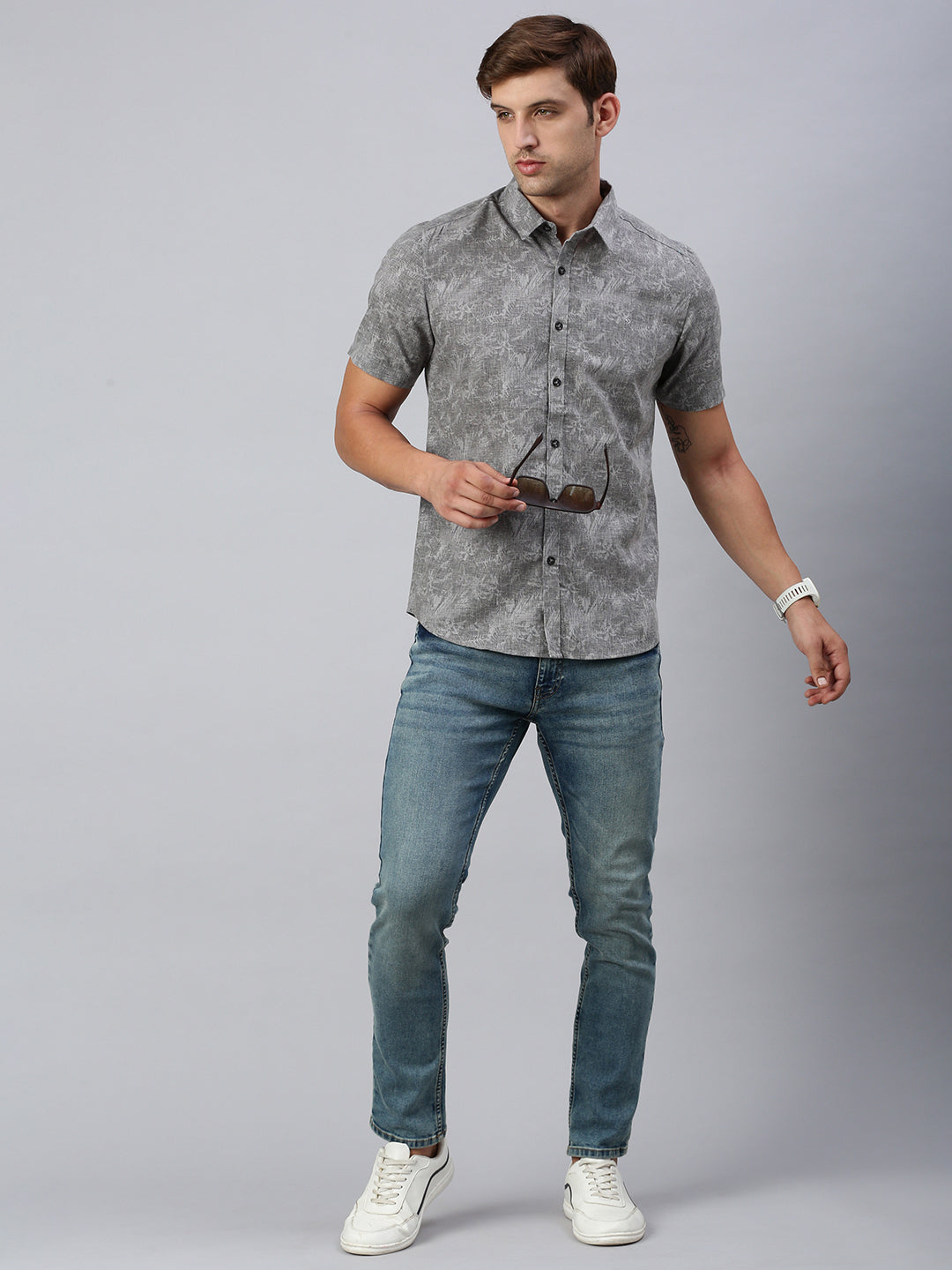 Classic Polo Men's Half Sleeve Charcoal Grey Slim Fit Printed Casual Shirt | SP2-EL-17 A-HS-PRT-SF
