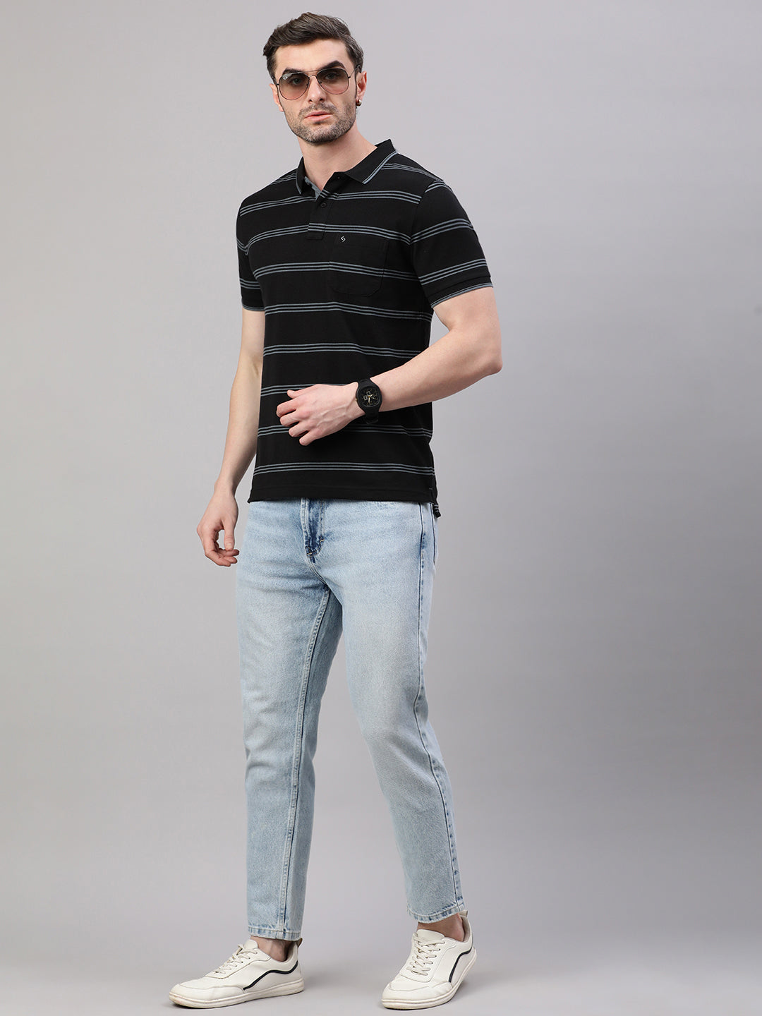 Classic Polo Men's Half Sleeve Black/Grey Polo Neck Slim Fit Striped T-Shirt||ADORE - 239 A SF P