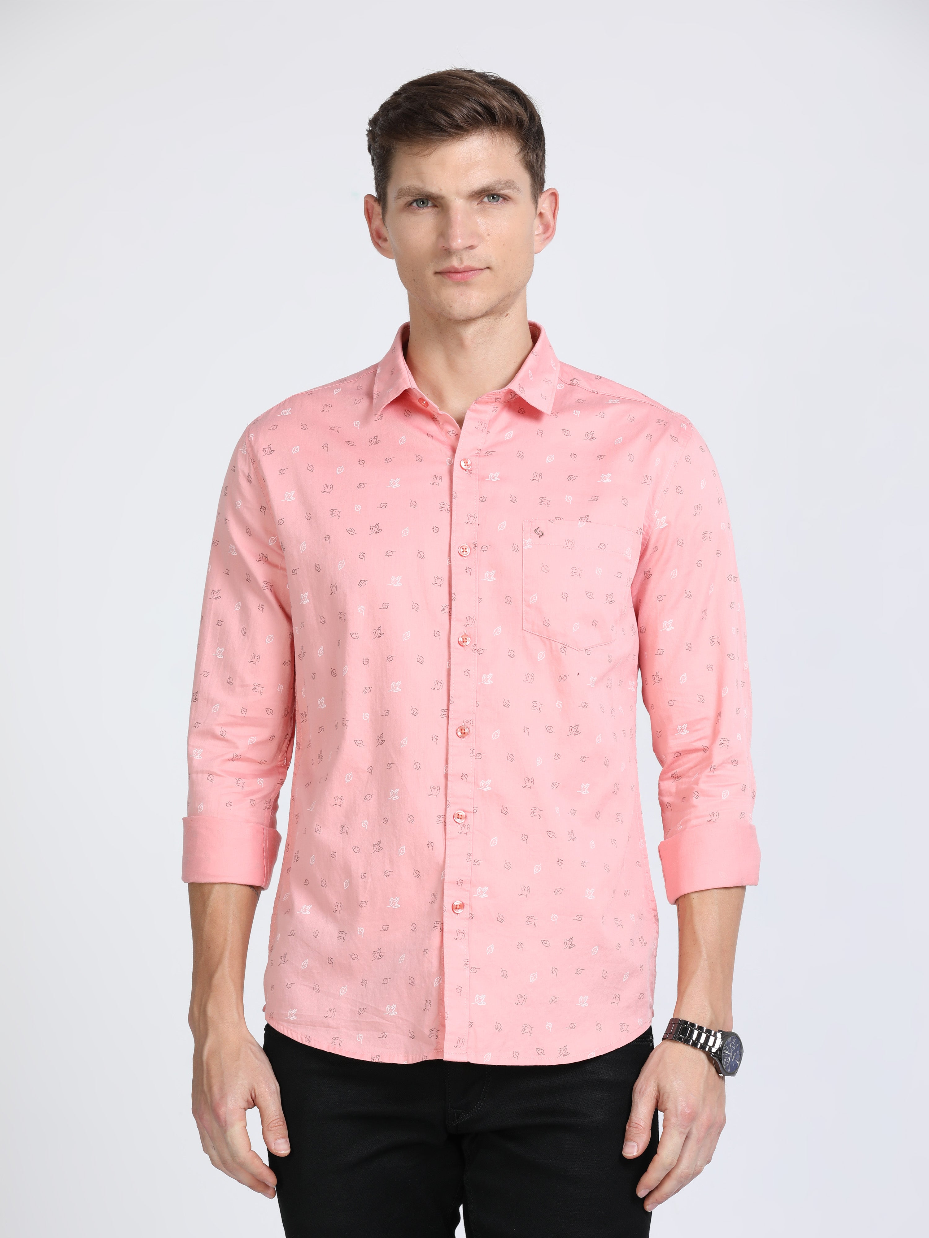 Classic Polo Mens Pure Cotton Full Sleeves Printed Slim Fit Polo Neck Pink Color Woven Shirt | So2-166 B-Fs-Prt-Sf