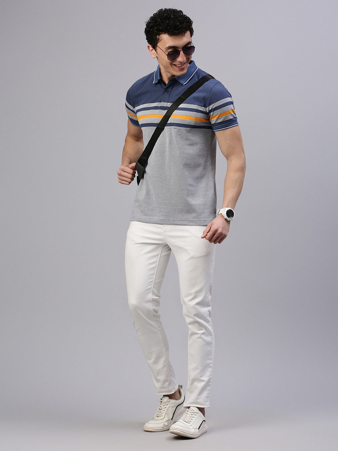 Classic Polo Men's Half Sleeve Grey/Blue Polo Neck Slim Fit Striped T-Shirt||VTA - 299 A SF P