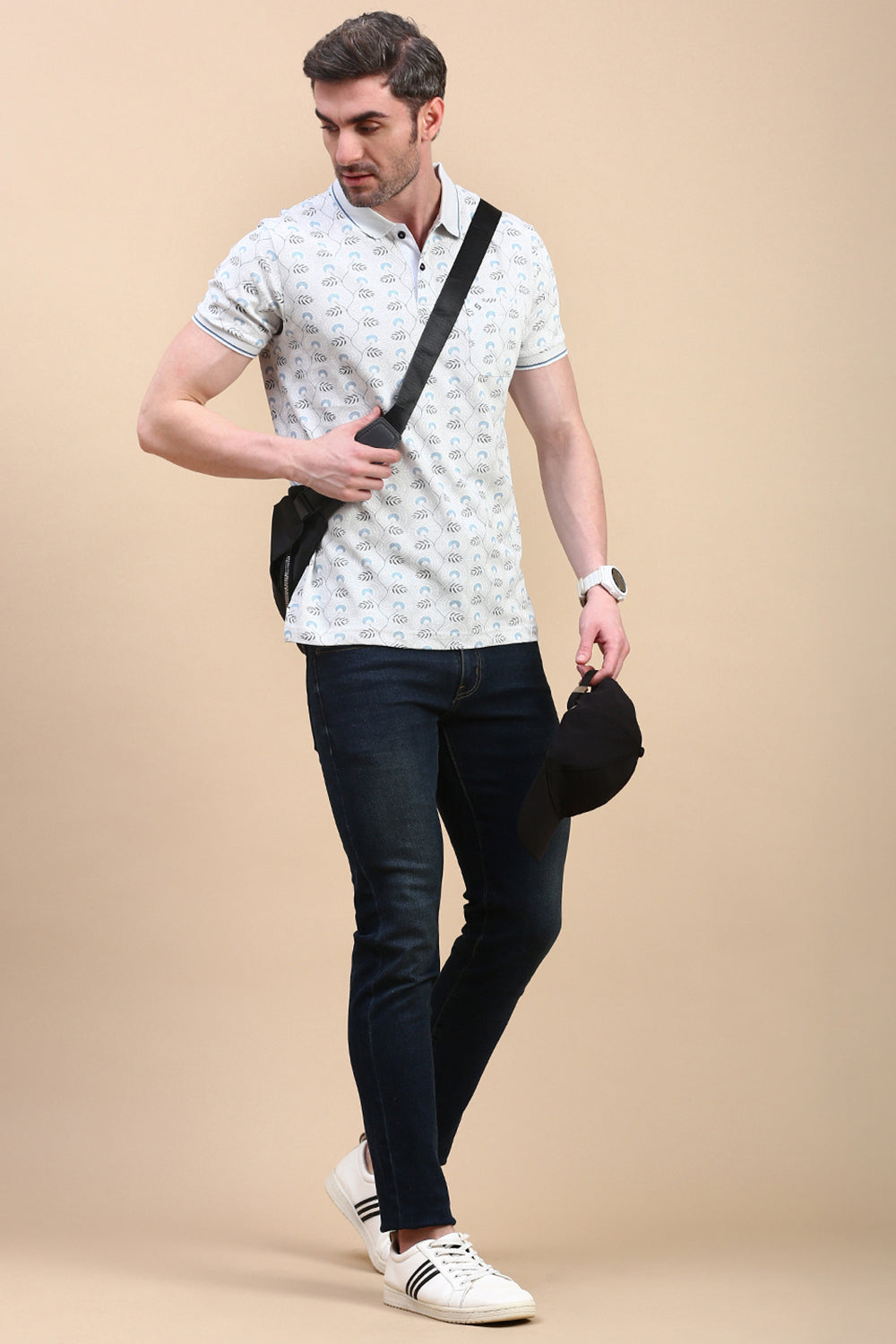 Classic Polo Men's Half Sleeve Grey Polo Neck Slim Fit All-Over Print T-Shirt