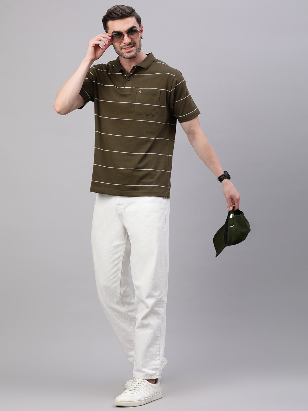 Classic Polo Men's Half Sleeve Olive/white Polo Neck Authentic Fit Striped T-Shirt||AVON - 615 B AF P