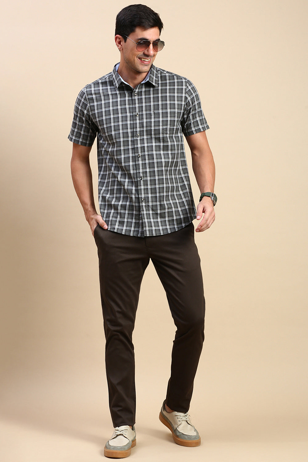 Classic Polo Men's Half Sleeve Olive/White Polo Neck Slim Fit Checked Shirt | SP2-CL-77 A-HS-CHK-SF