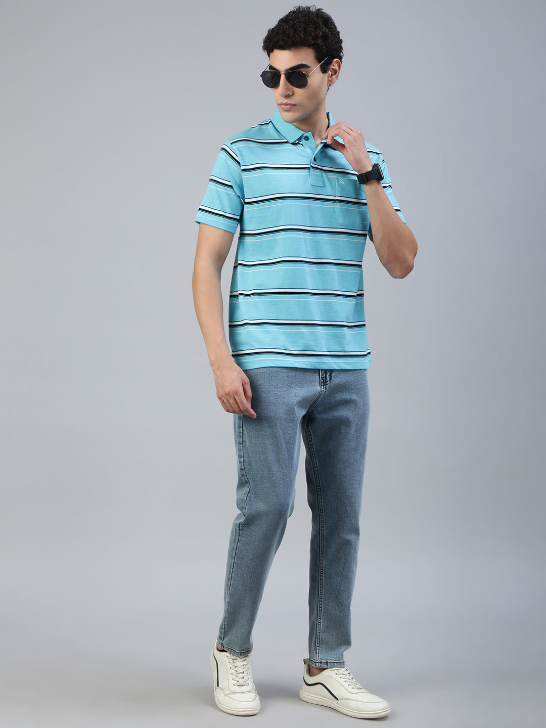Classic Polo Men's Half Sleeve Blue/White Polo Neck Authentic Fit Striped T-Shirt||AVON - 606 A AF P