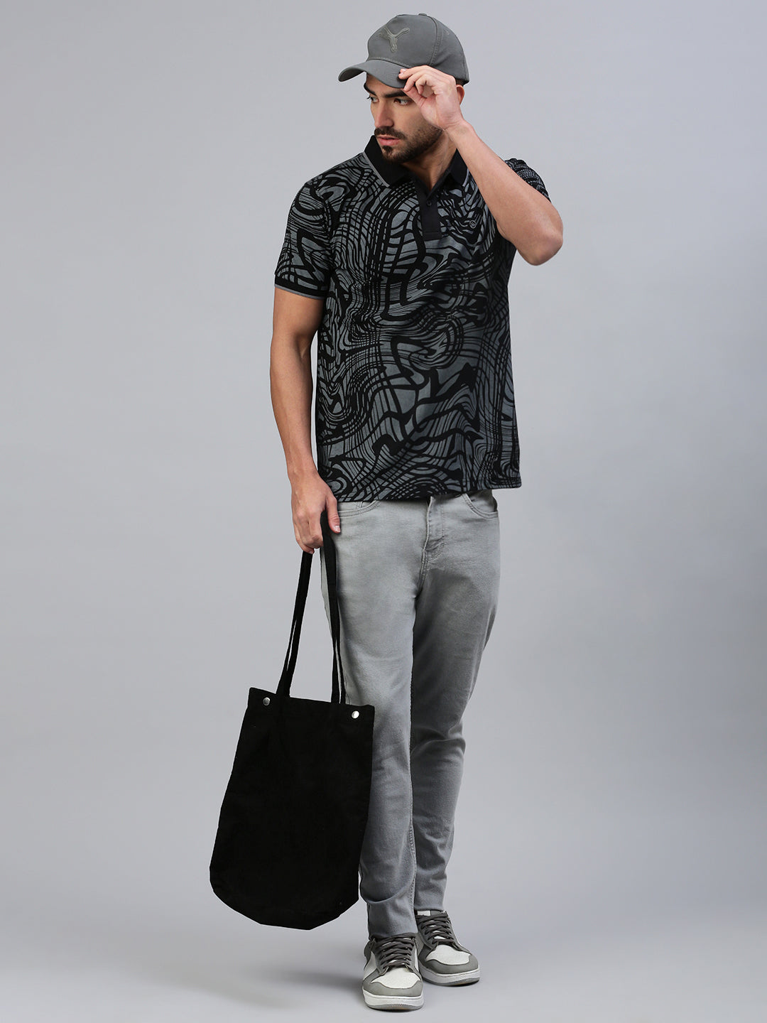 Classic Polo Men's Half Sleeve Grey/Black Polo Neck Slim Fit All Over Print T-Shirt||GENX-POLO 33 B SF P