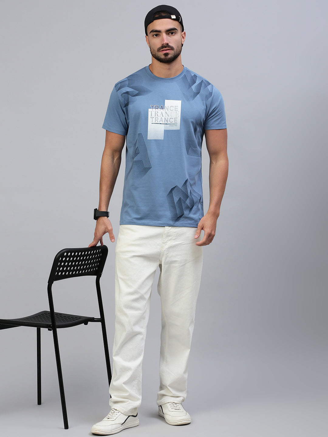 Classic Polo Men's Half Sleeve Blue Crew Neck Slim Fit Printed T-Shirt||BALENO - 623 B SF C