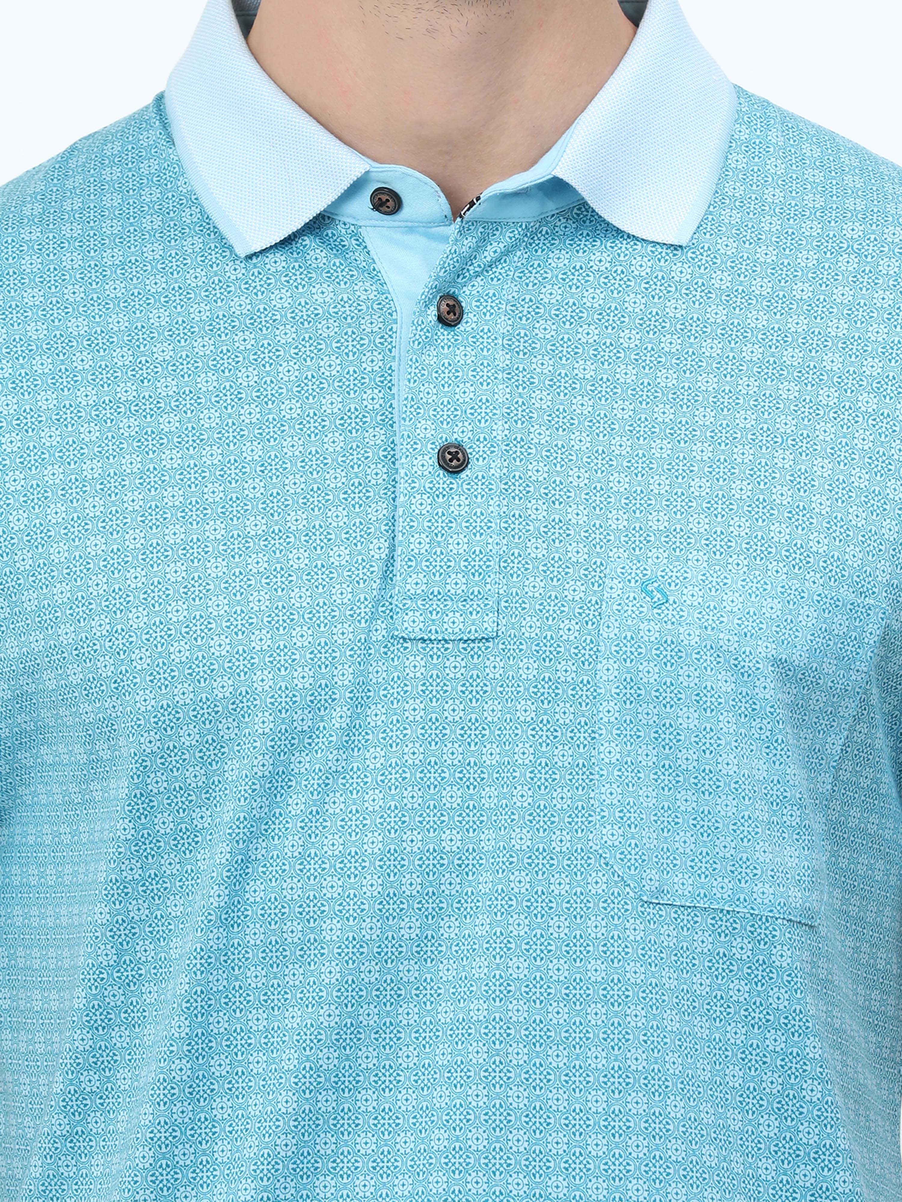 Classic Polo Mens Cotton Half Sleeves Floral Slim Fit Polo Neck Turqoise Color T-Shirt | Scant - 26 B Sf P