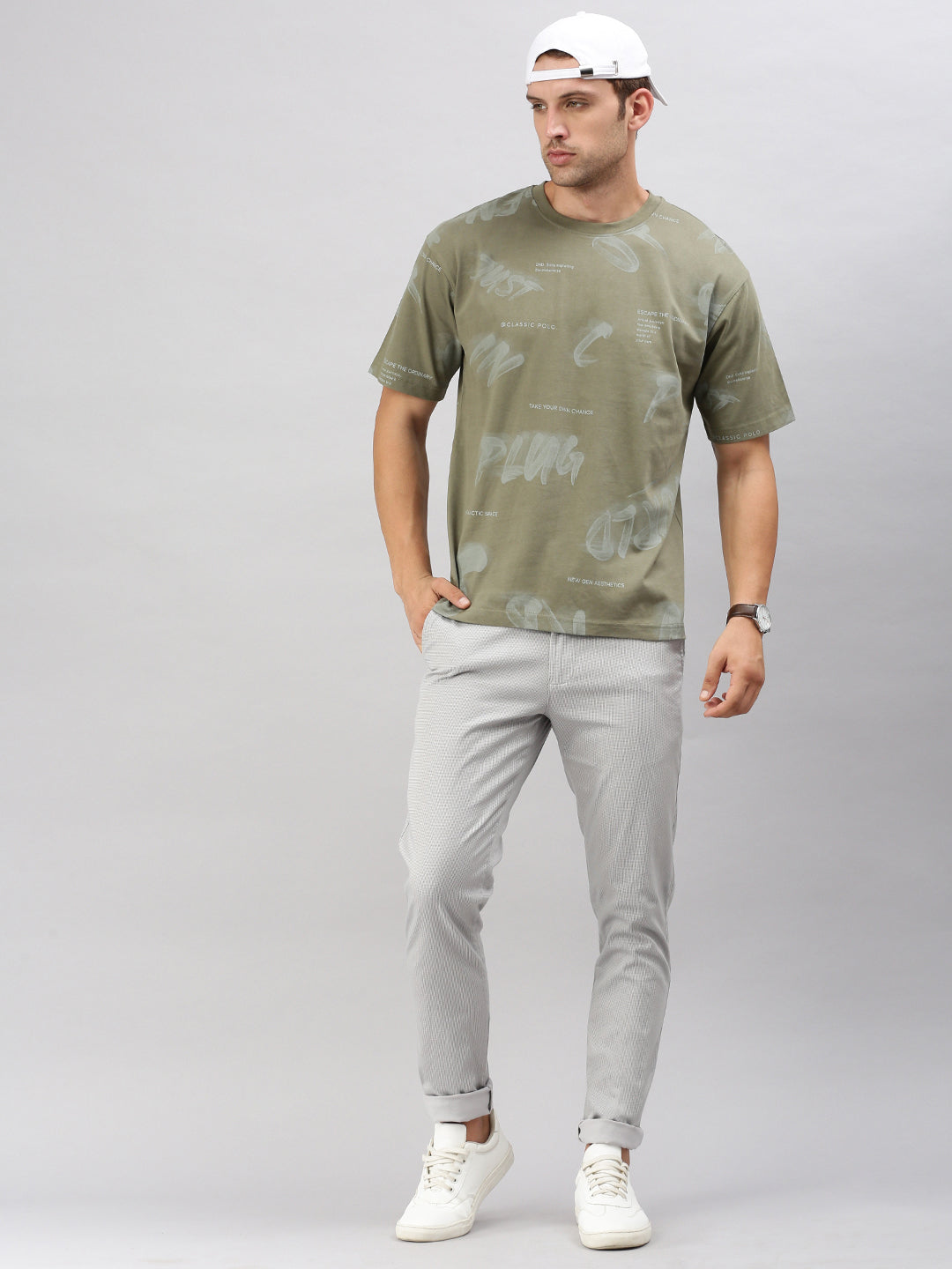 Classic Polo Men's Half Sleeve Olive/Grey Crew Neck Slim Fit Printed Oversized T-Shirt | GENX-CREW 57 B SF C