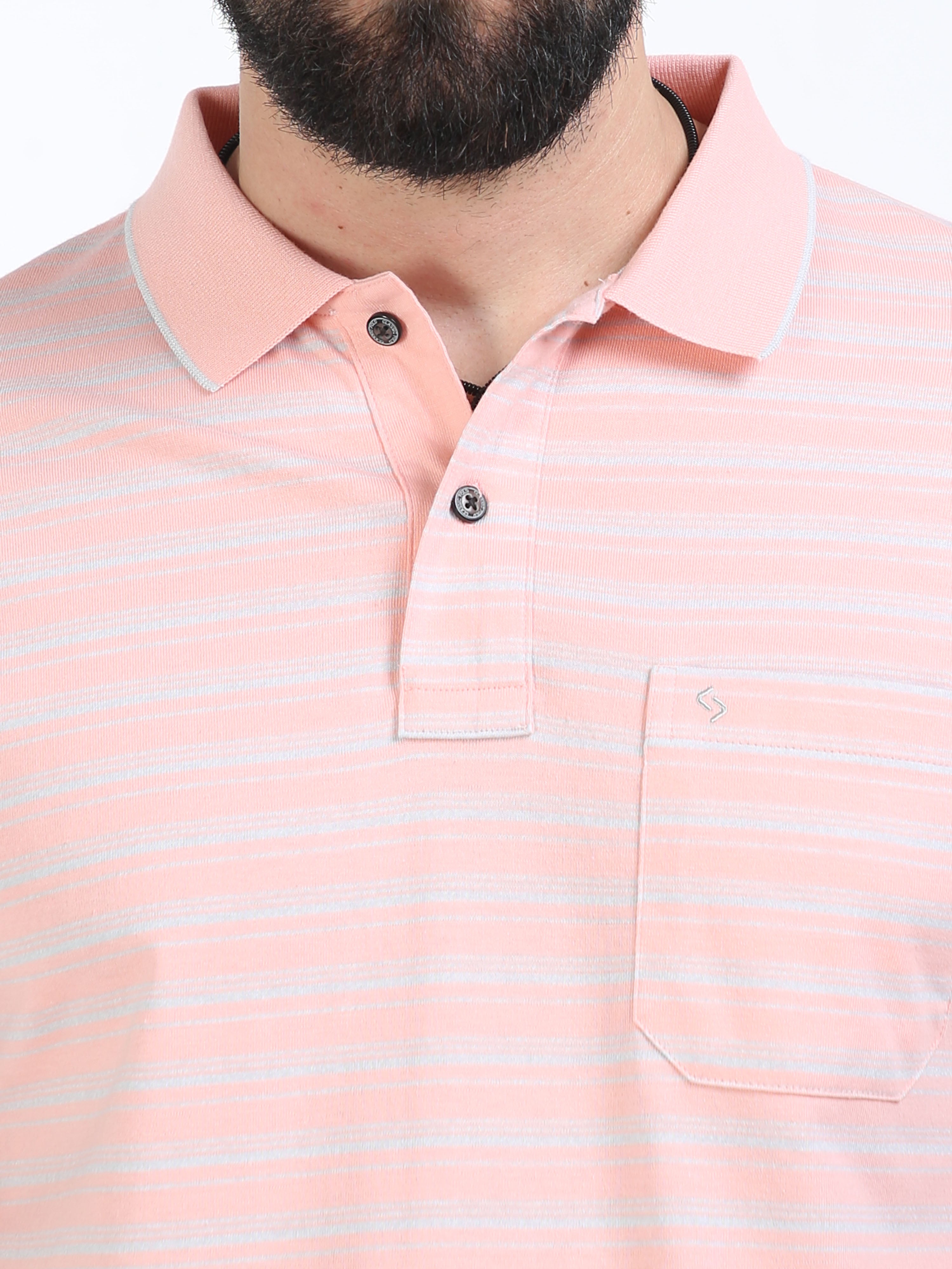 Classic Polo Mens Cotton Half Sleeves Striped Authentic Fit Polo Neck Pink Color T-Shirt | Feeders-233 B Af P