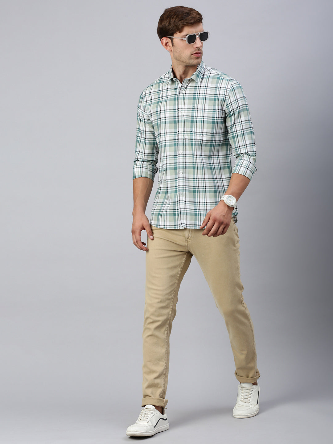 Classic Polo Men's Full Sleeve Green/White Slim Fit Checked Casual Shirt | SP2-CL-31 A-FS-CHK-SF
