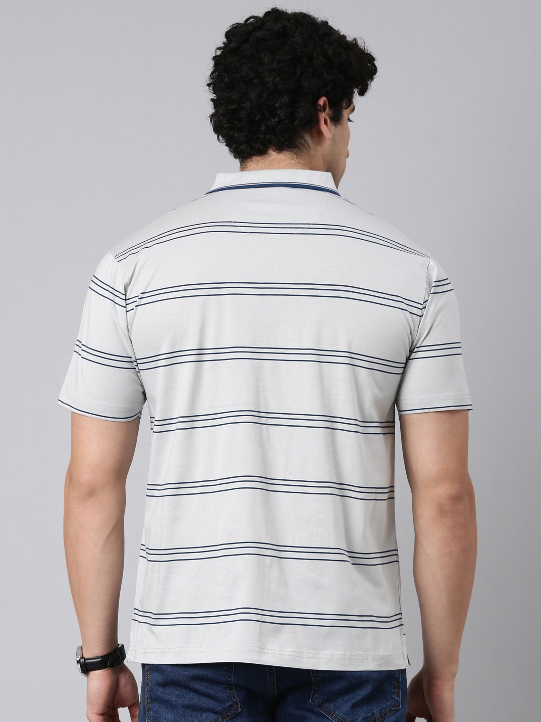 Classic Polo Men's Half Sleeve Grey Polo Neck Authentic Fit Striped Cotton T-Shirt | AP - 157 B AF P