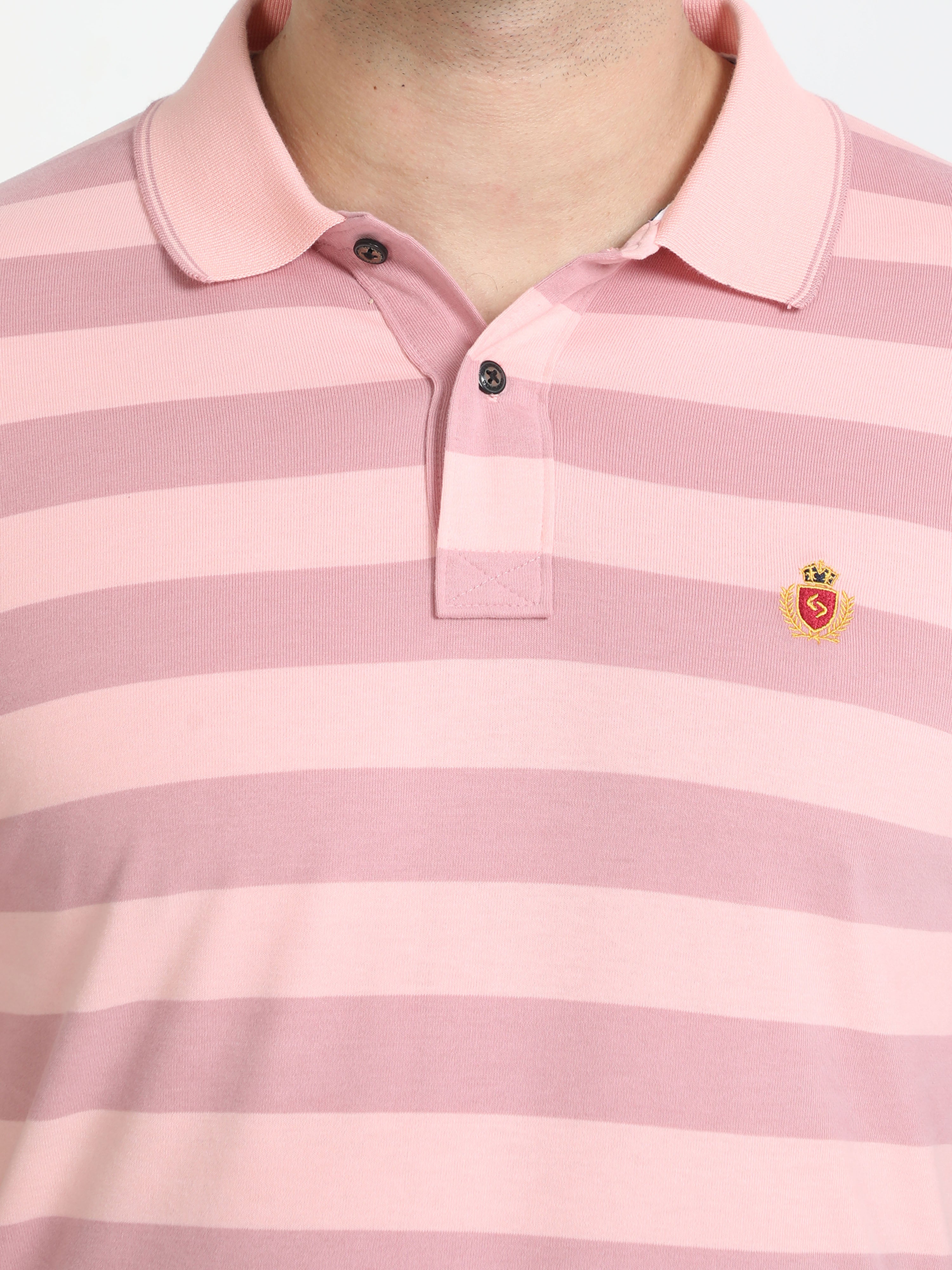 Classic Polo Mens Cotton Half Sleeves Striped Slim Fit Polo Neck Peach Color T-Shirt | Cpeg - 308 A Sf P