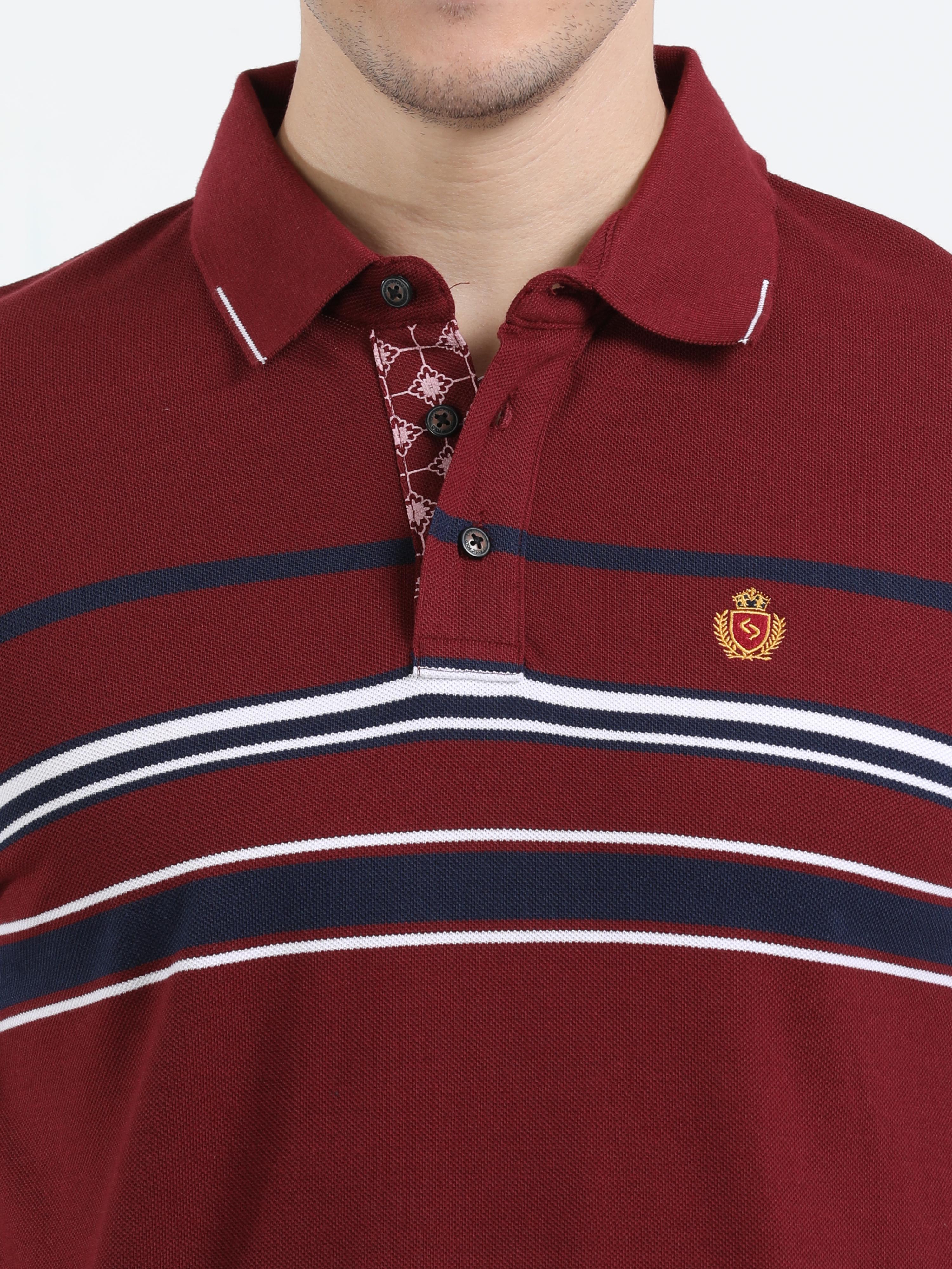 Classic Polo Mens Cotton Half Sleeves Striped Slim Fit Polo Neck Maroon Color T-Shirt | Vta - 245 A Sf P