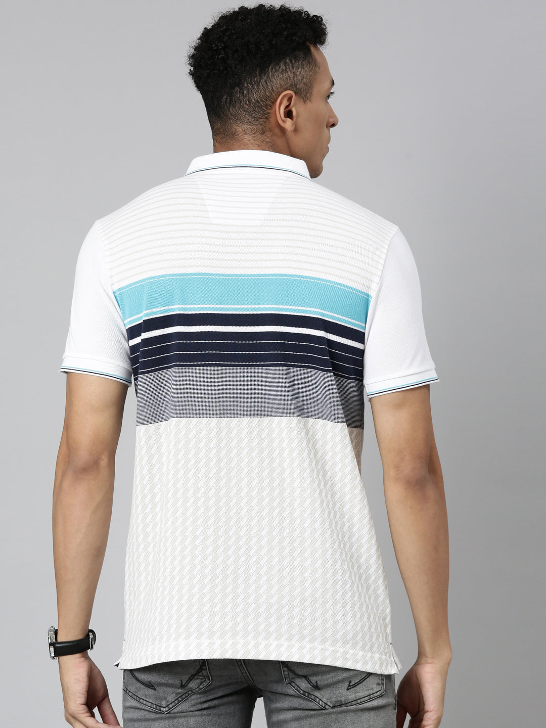 Classic Polo Men's Polo Neck Cotton White/Navy Slim Fit Striped T-Shirt | VTA-276 B SF P