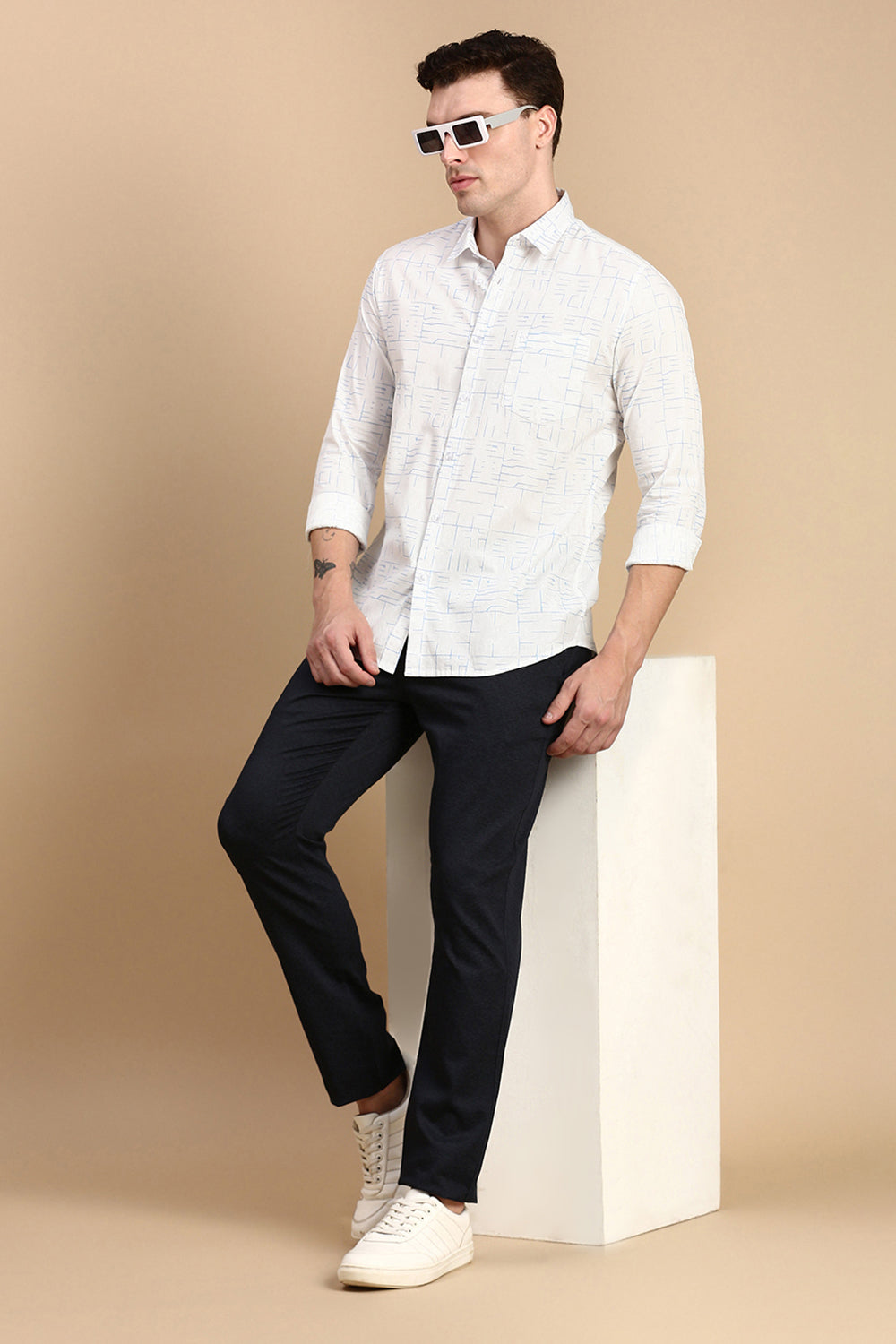 Classic Polo Men's Full Sleeve White/Blue Polo Neck Slim Fit All Over Print Shirt | SP2-CL-41 B-FS-PRT-SF