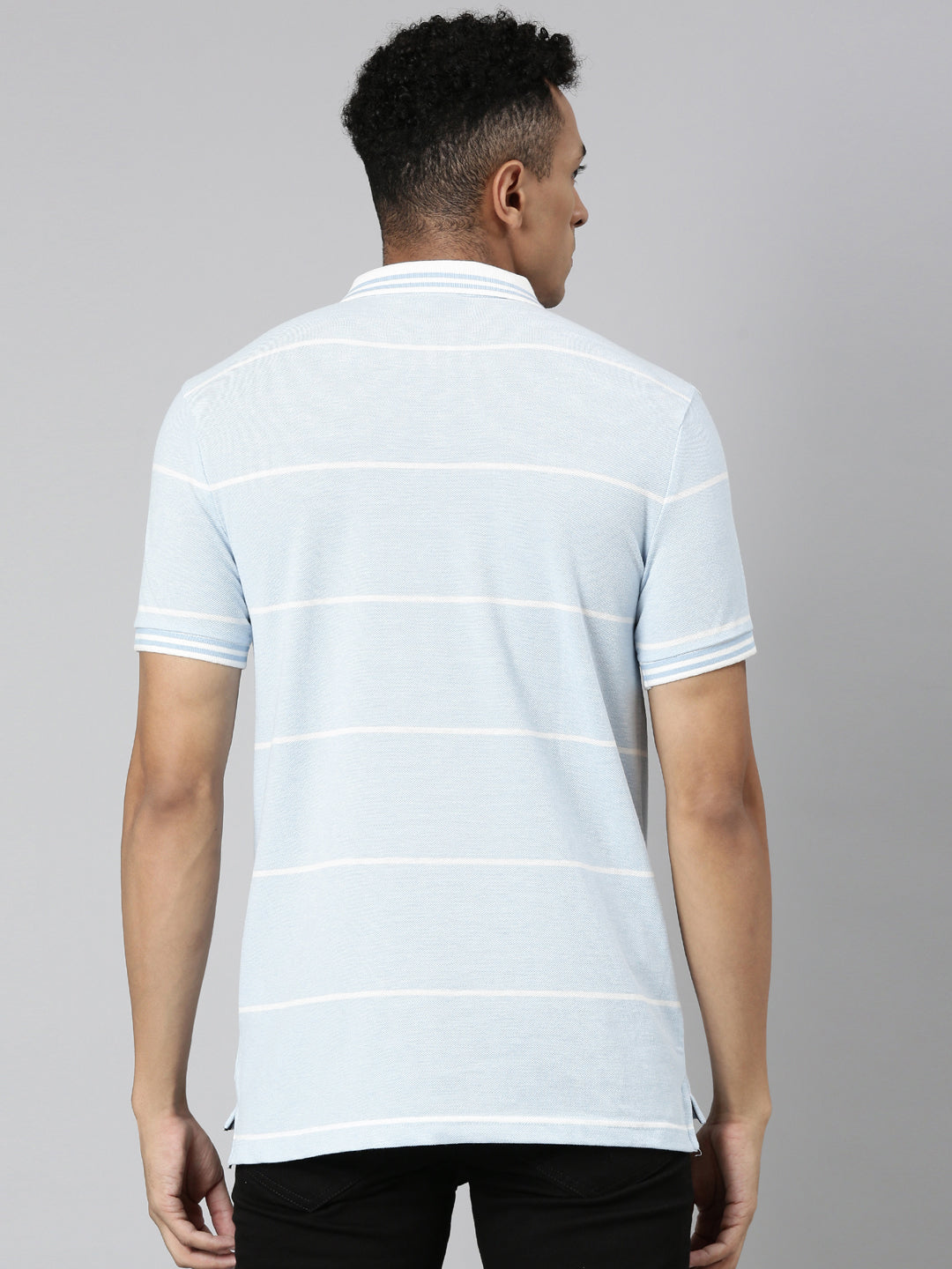 Classic Polo Men's Polo Neck Cotton Sky Blue Slim Fit Striped T-Shirt | ADORE-216 B SF P