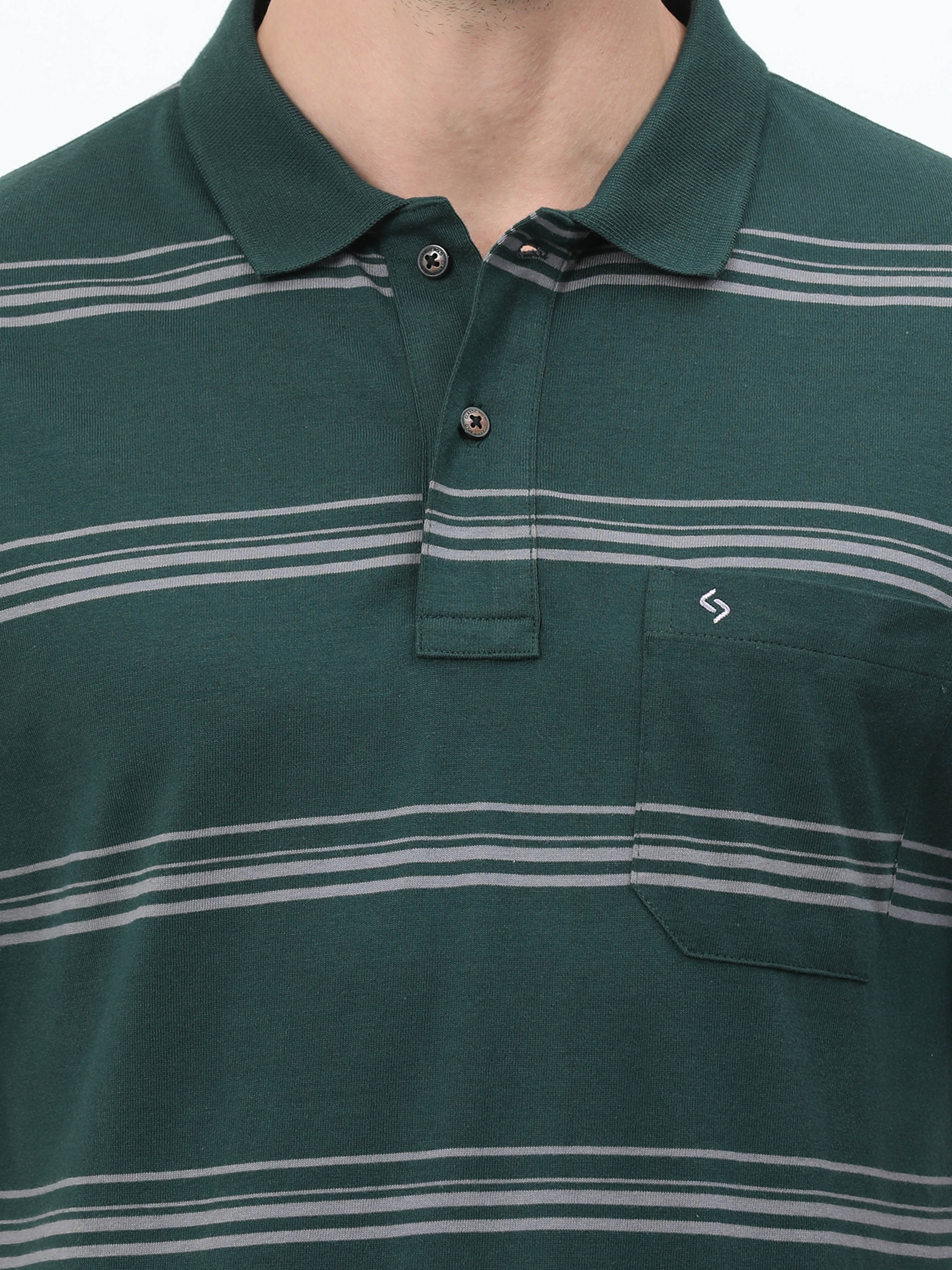 Classic Polo Mens Cotton Half Sleeves Striped Authentic Fit Polo Neck Dark Green Color T-Shirt | Avon - 540 B Af P
