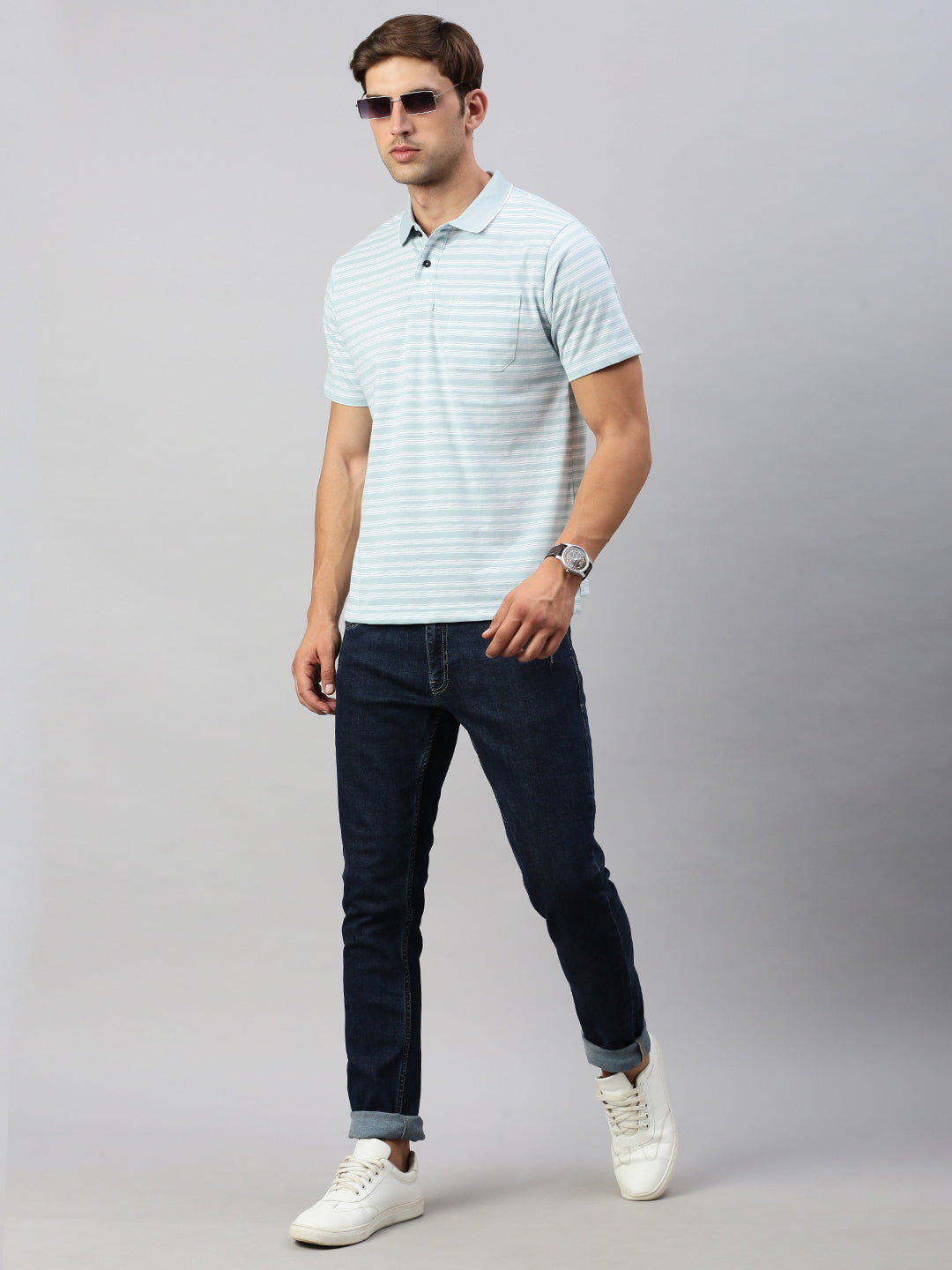 Classic Polo Men's Half Sleeve Lt.Green/White Polo Neck Authentic Fit Striped T-Shirt | FEEDERS - 261 A AF P