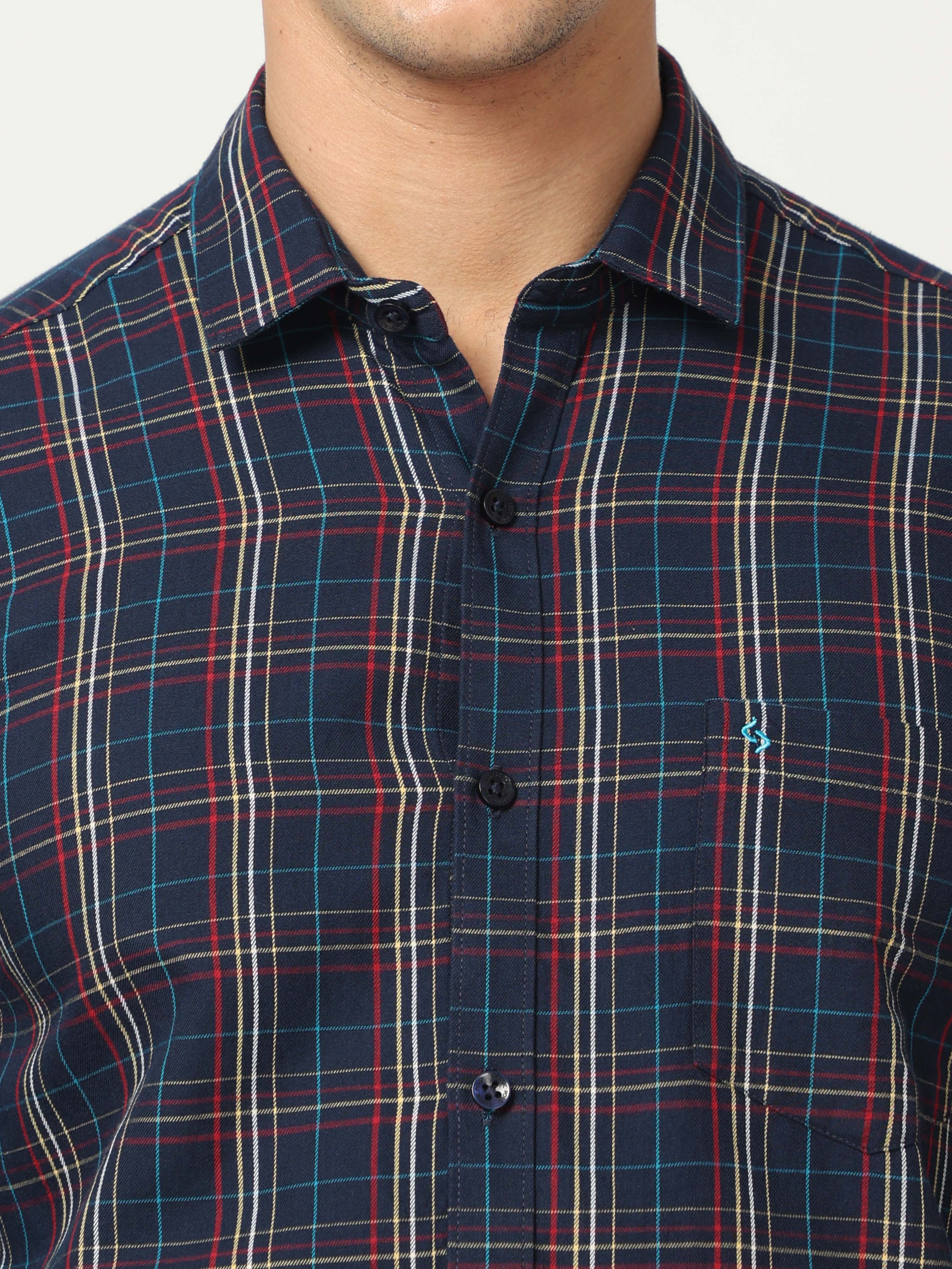 Classic Polo Men's Cotton Full Sleeve Checked Slim Fit Polo Neck Navy Blue Color Woven Shirt | So1-97 B