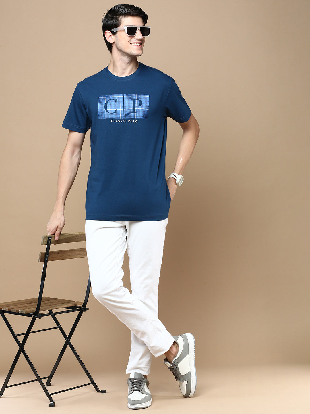 Classic Polo Men's Half Sleeve Dark Blue Crew Neck Slim Fit Printed T-Shirt | ELITE-CREW-21 B SF C