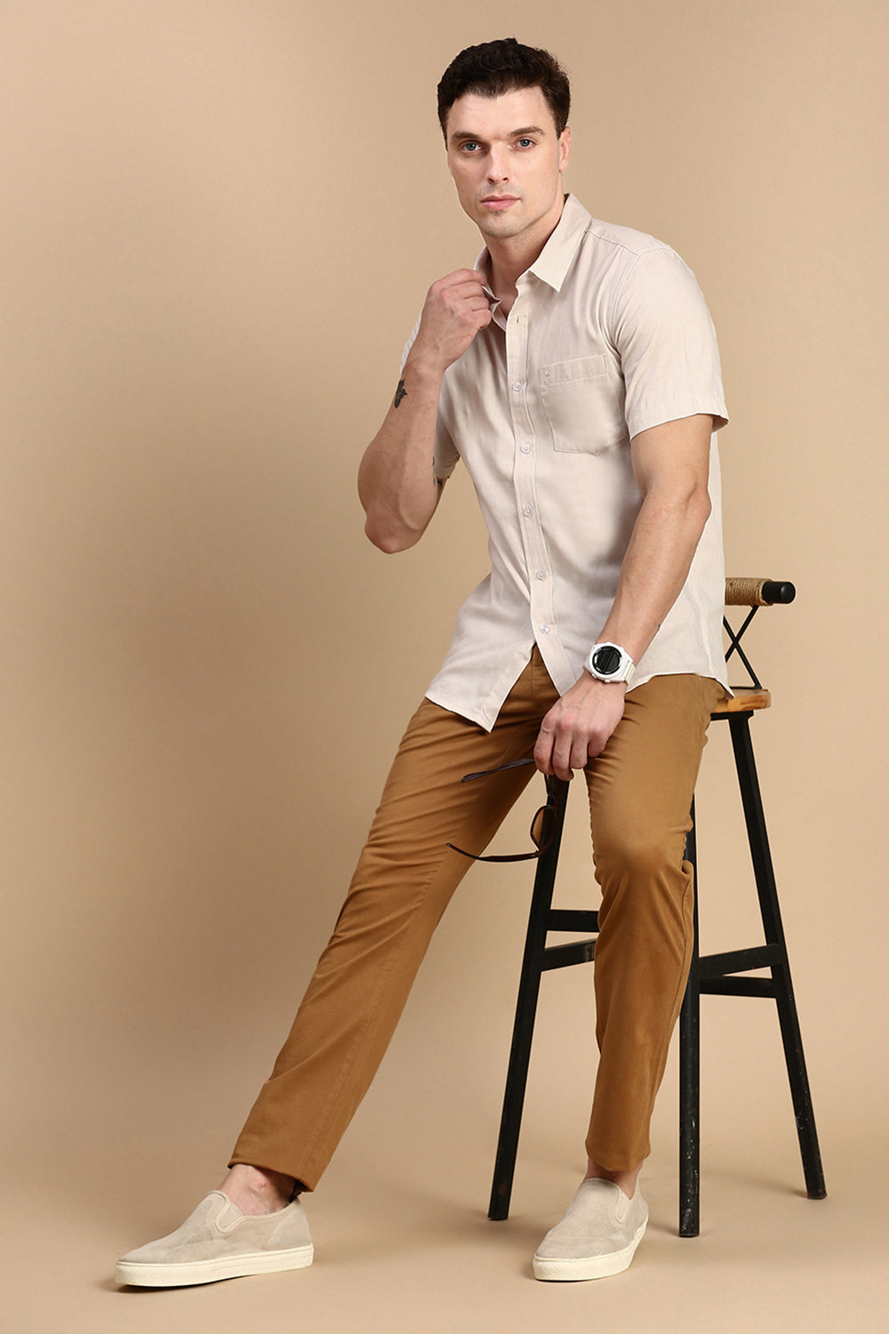 Classic Polo Men's Half Sleeve Beige Polo Neck Slim Fit Checked Shirt | SP2-CL-35 B-HS-CHK-SF