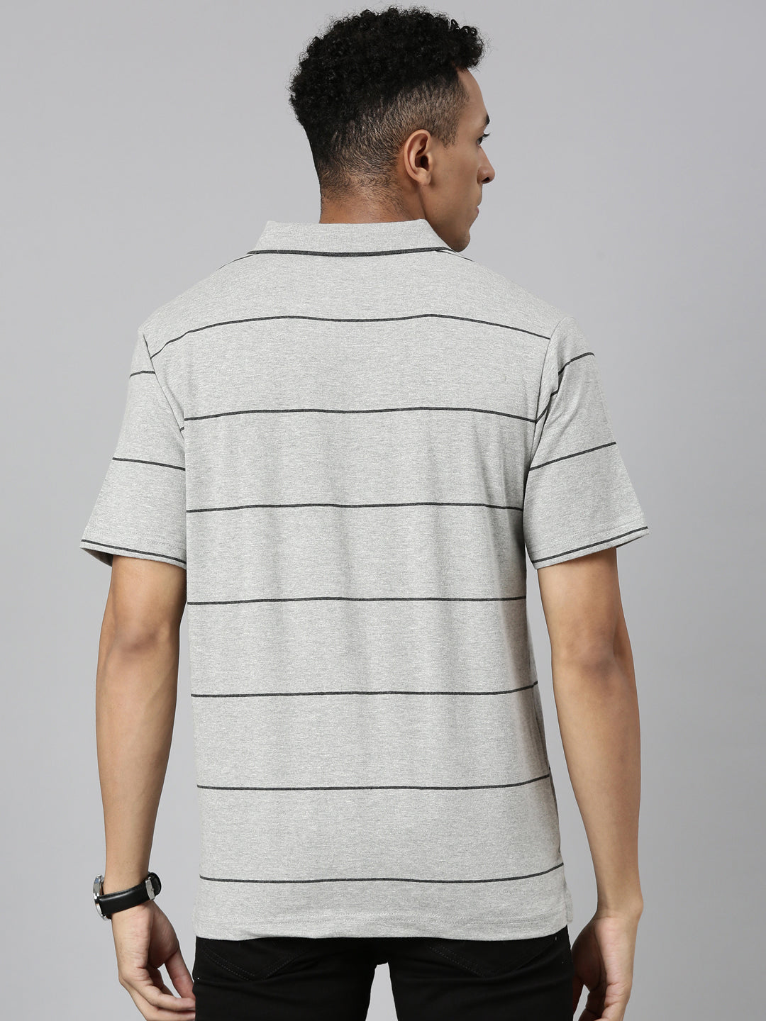 Classic Polo Men's Polo Neck Cotton Navy/Grey Authentic Fit Striped T-Shirt | MEL-255 B AF P