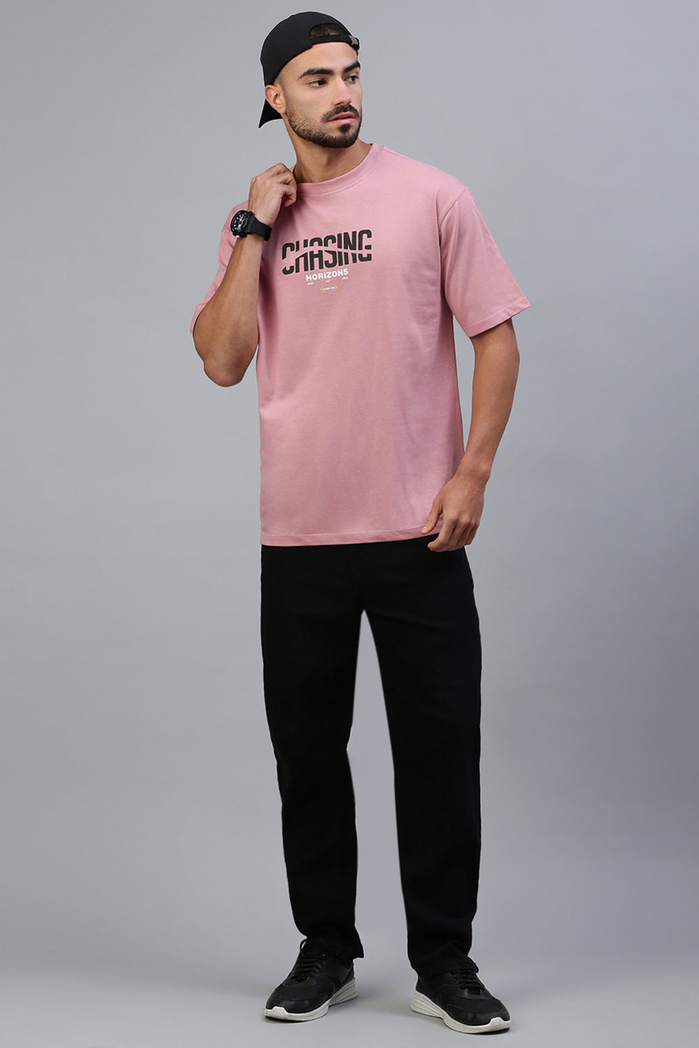 Classic Polo Men's Half Sleeve Pink Crew Neck Slim Fit Printed Drop Shoulder T-Shirt