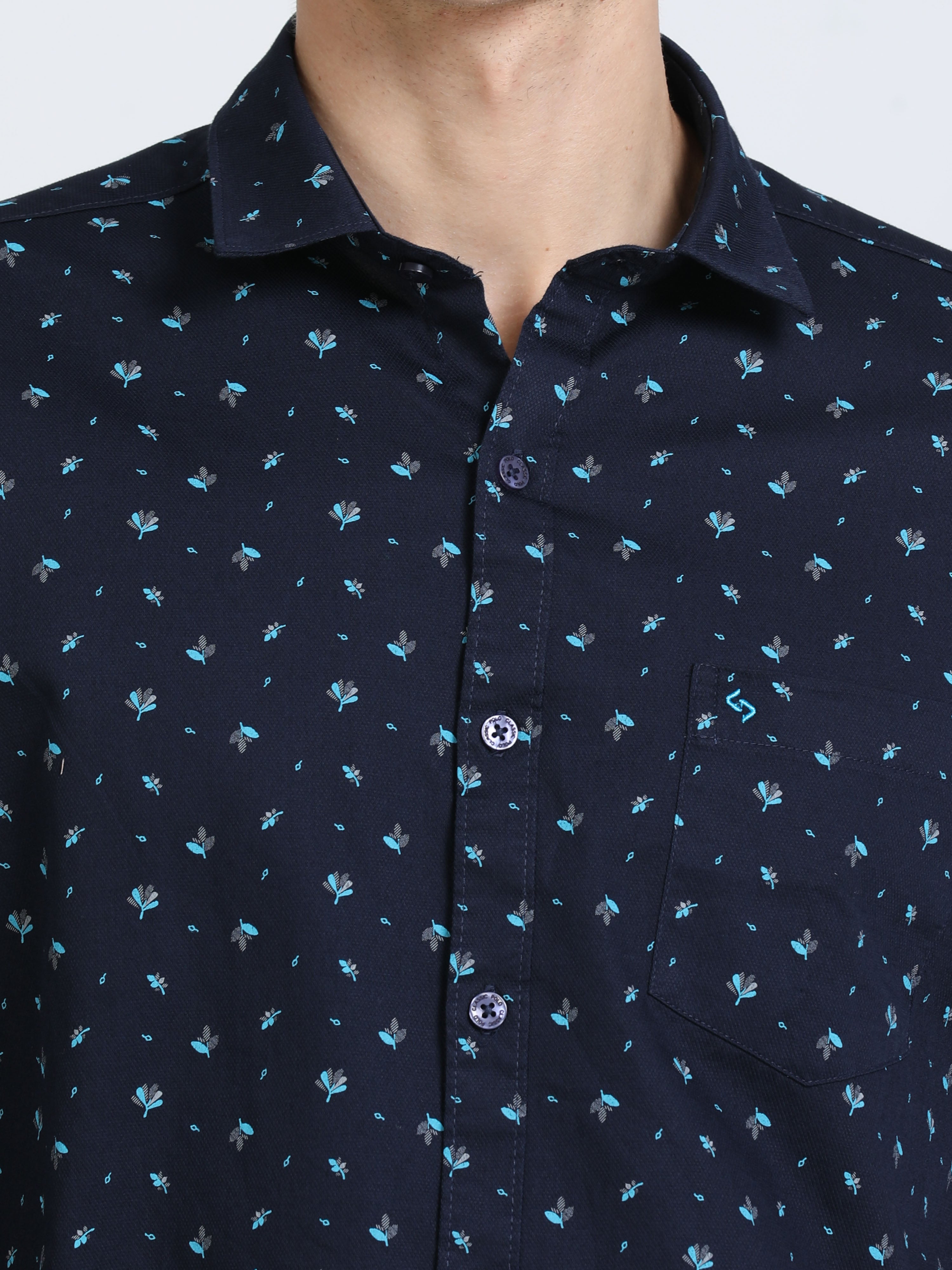 Classic Polo Mens Pure Cotton Full Sleeves Printed Slim Fit Polo Neck Dark Navy Color Woven Shirt | So2-165 B-Fs-Prt-Sf