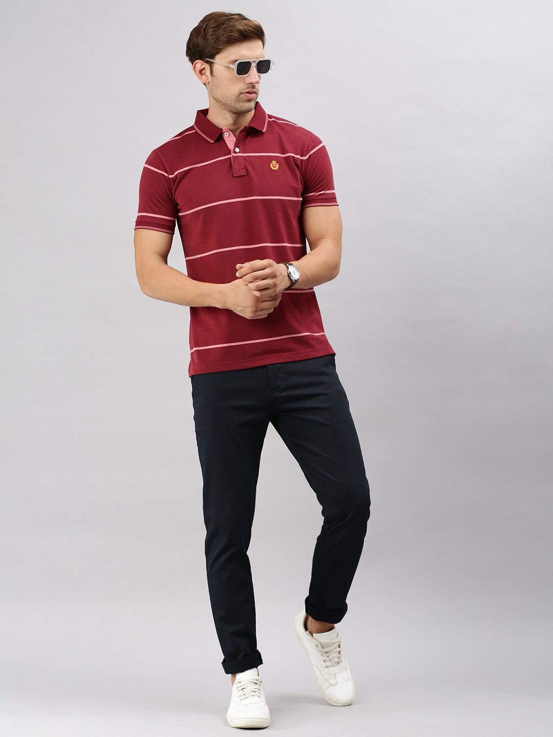 Classic Polo Men's Half Sleeve Maroon Polo Neck Slim Fit Striped T-Shirt | CPEG - 336 A SF P