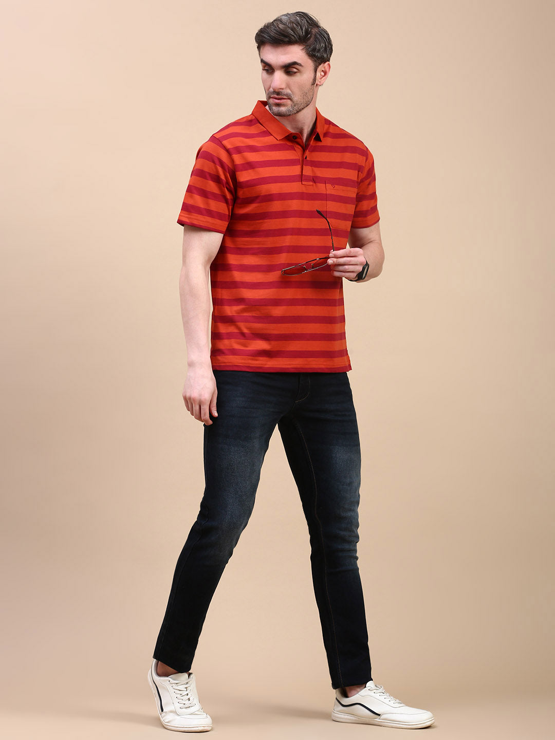 Classic Polo Men's Half Sleeve Rust/Red Polo Neck Authentic Fit Striped T-Shirt||AVON - 611 B AF P