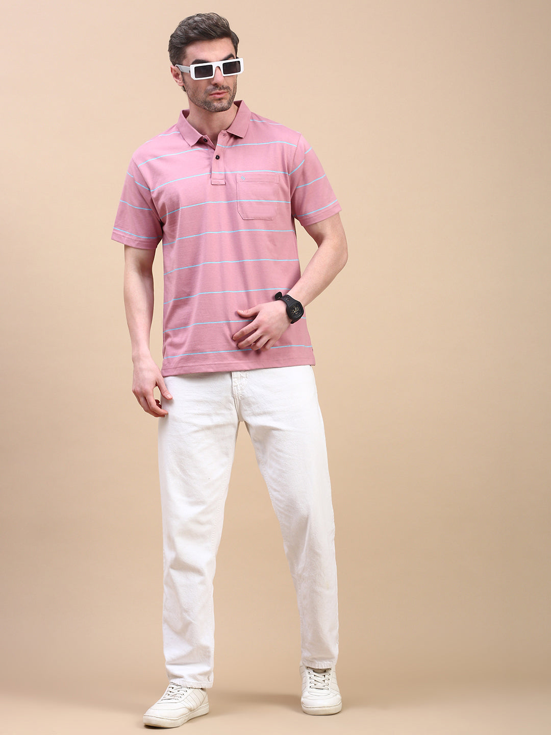 Classic Polo Men's Half Sleeve Dr.Pink/Blue Polo Neck Authentic Fit Striped T-Shirt||AVON - 615 A AF P