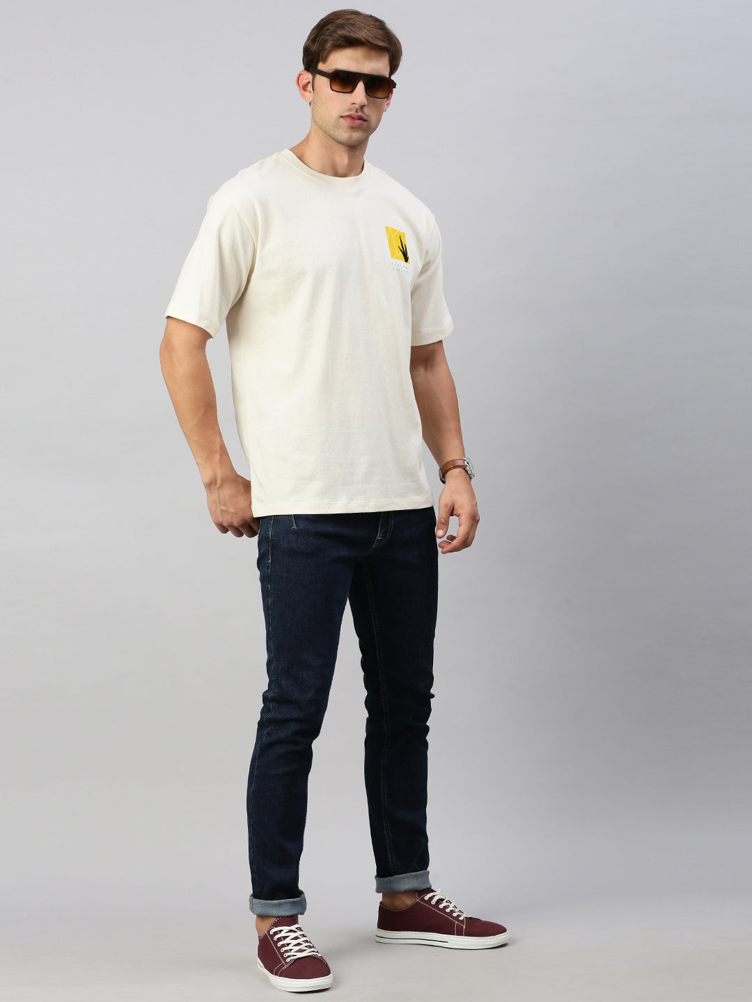 Classic Polo Men's Half Sleeve Beige Crew Neck Slim Fit Printed Oversized T-Shirt | GENX-CREW 59 A SF C