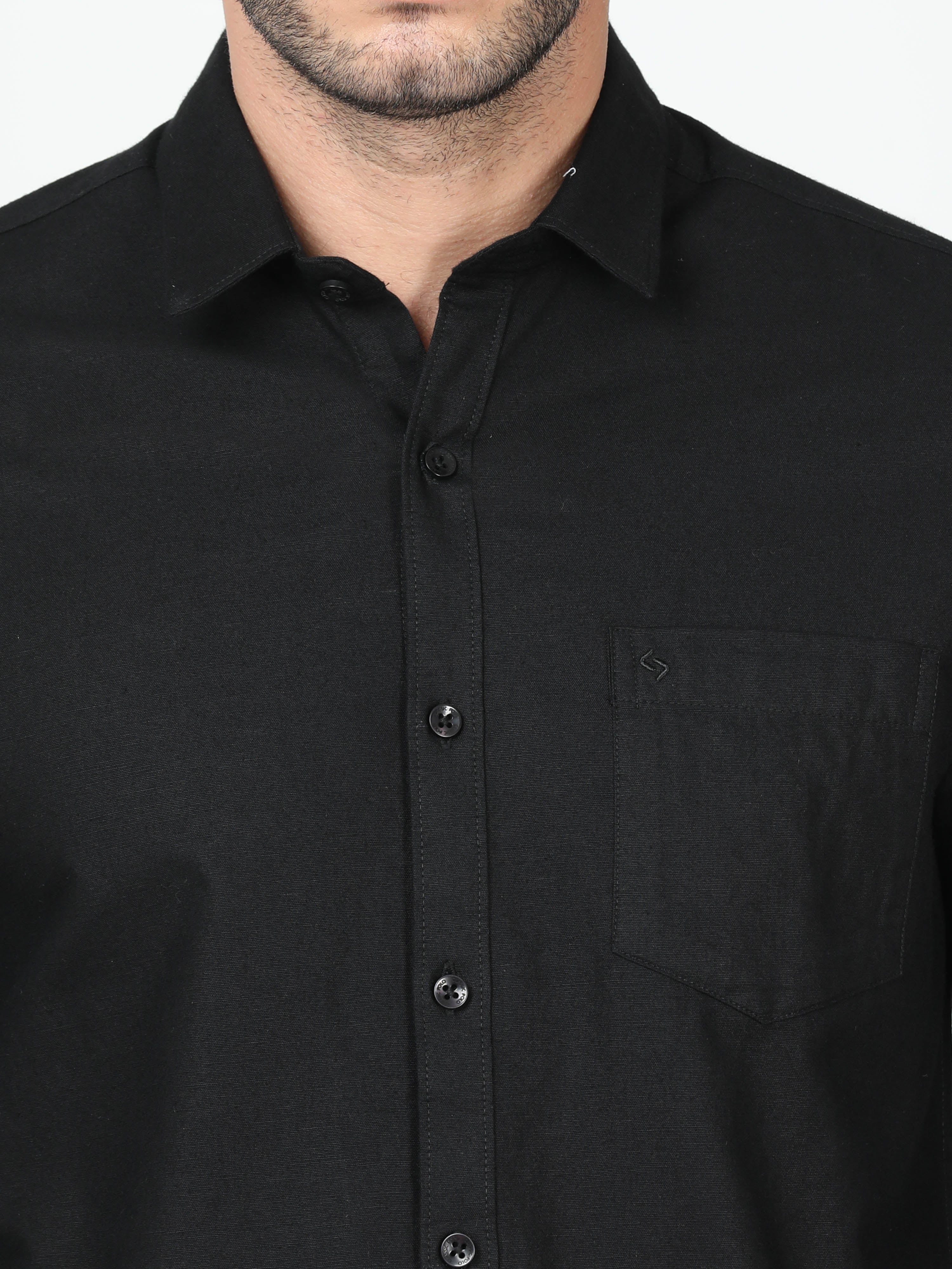 Classic Polo Mens Linen Cotton Full Sleeve Slim Fit Polo Neck Black Color Woven Shirt | Linen - 26 E-FS-SLD-SF