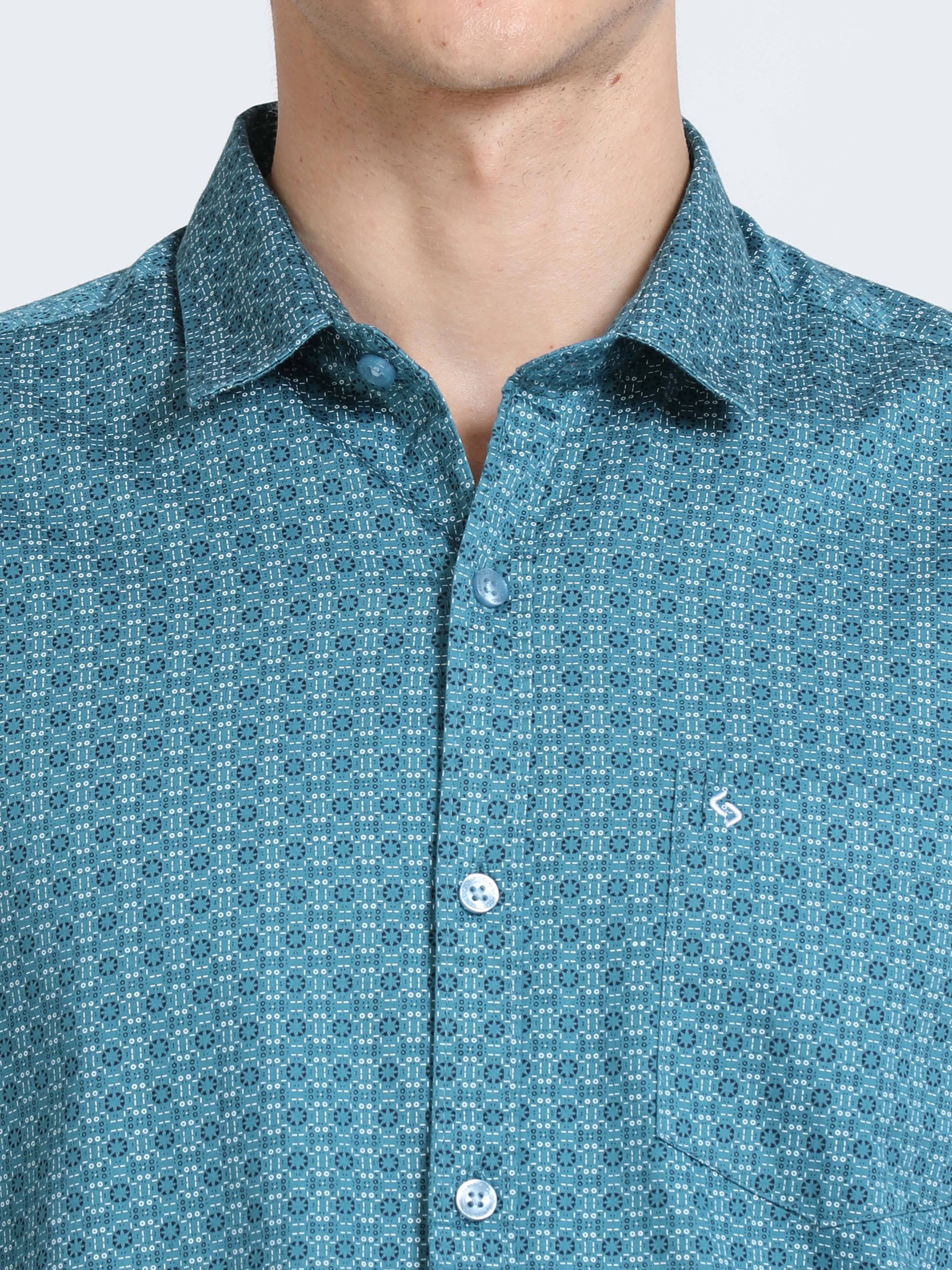 Classic Polo Mens Pure Cotton Polo Neck Printed Full Sleeves Turquoise Color Woven Shirt | So2-171 A-Fs-Prt-Sf