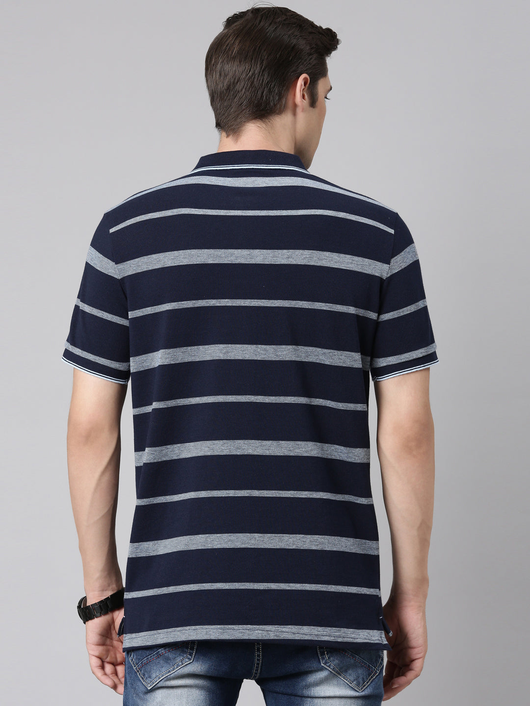 Classic Polo Men's Polo Neck Cotton Navy Blue Slim Fit Striped T-Shirt | ADORE-219 A SF P