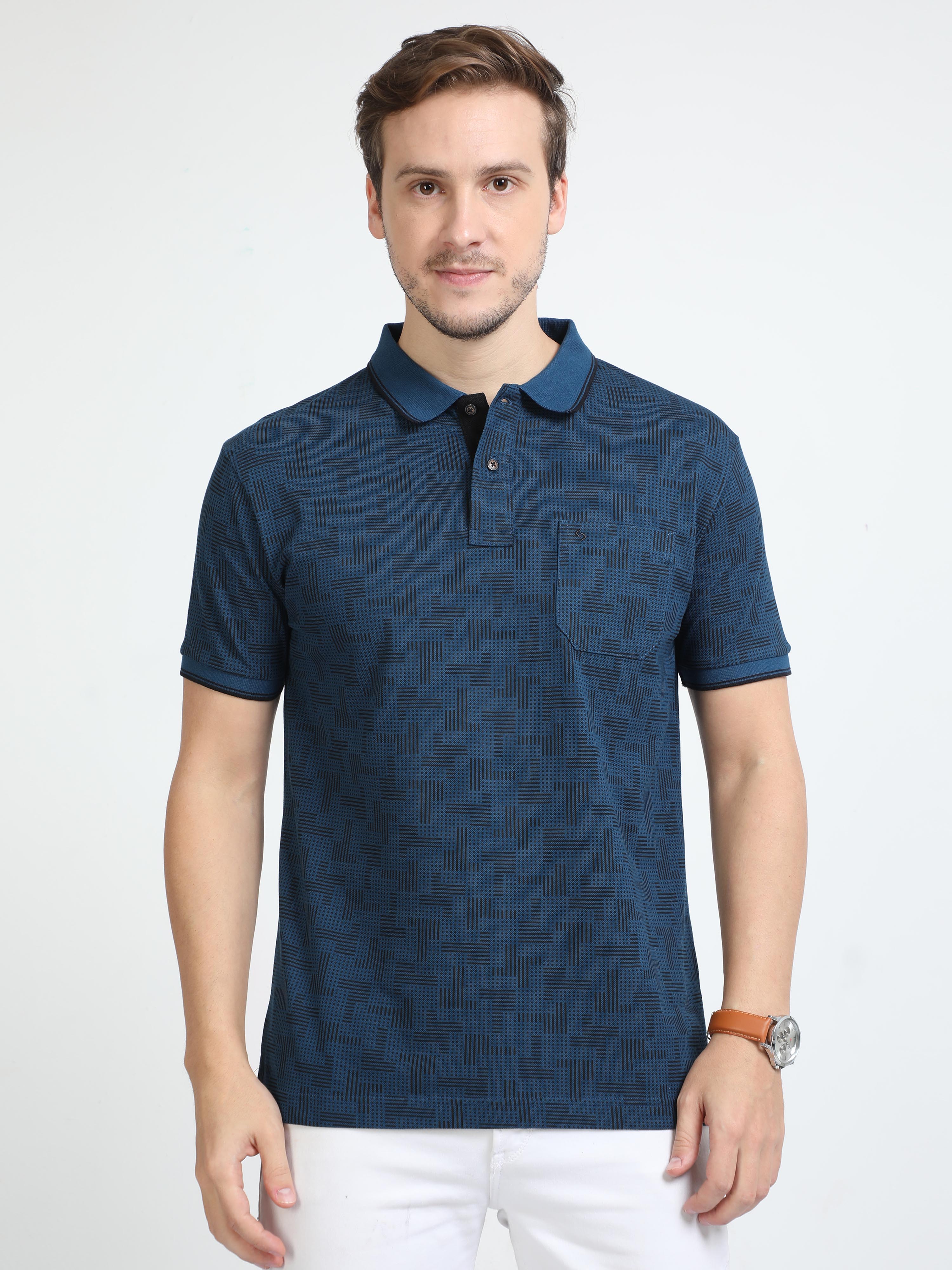 Classic Polo Mens Cotton Half Sleeves Printed Slim Fit Polo Neck Dark Blue Color T-Shirt | Beau - 220 A Sf P