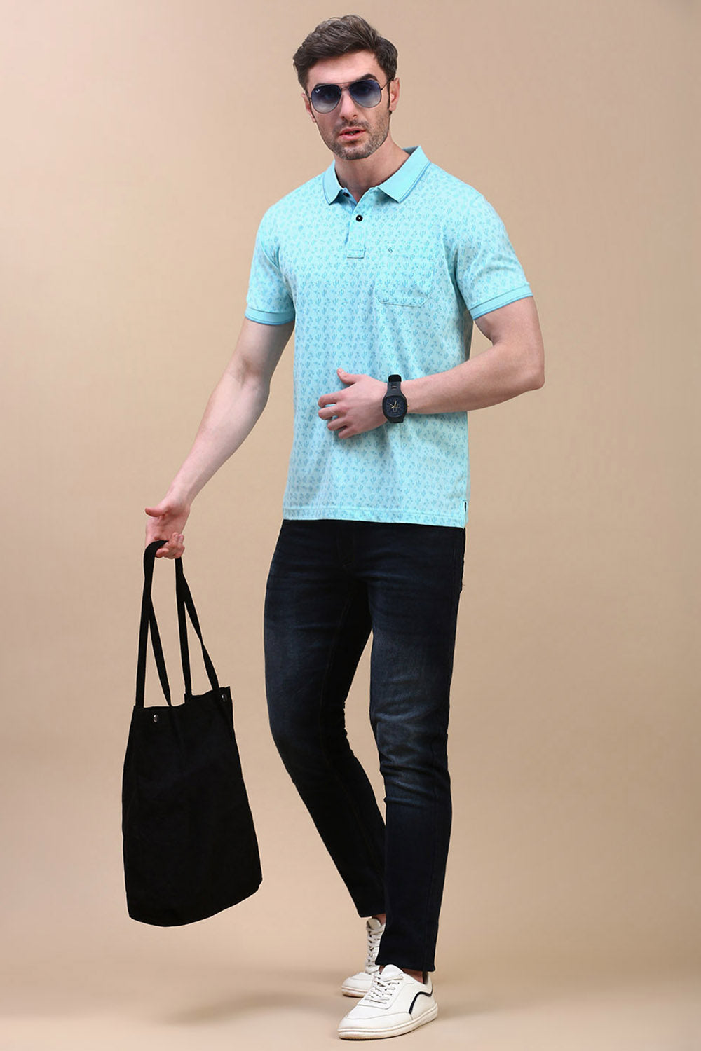 Classic Polo Men's Half Sleeve Teal Blue Polo Neck Slim Fit All Over Print T-Shirt | BELLO - 315 B SF P