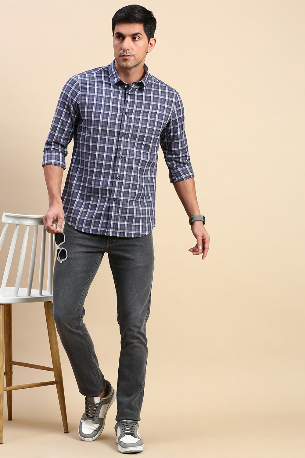 Classic Polo Men's Full Sleeve Blue/White Polo Neck Slim Fit Checked Shirt | SP2-CL-77 B-FS-CHK-SF