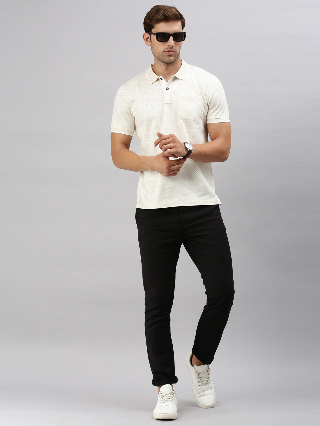 Classic Polo Men's Printed Beige Cotton Slim Fit Half Sleeve T-Shirt | BELLO - 289 A SF P