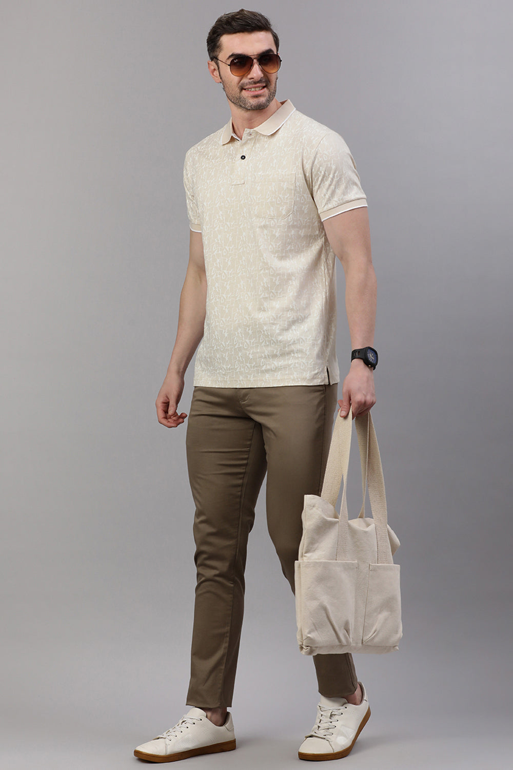 Classic Polo Men's Half Sleeve Beige Polo Neck Slim Fit All Over Print T-Shirt | BELLO - 313 A SF P