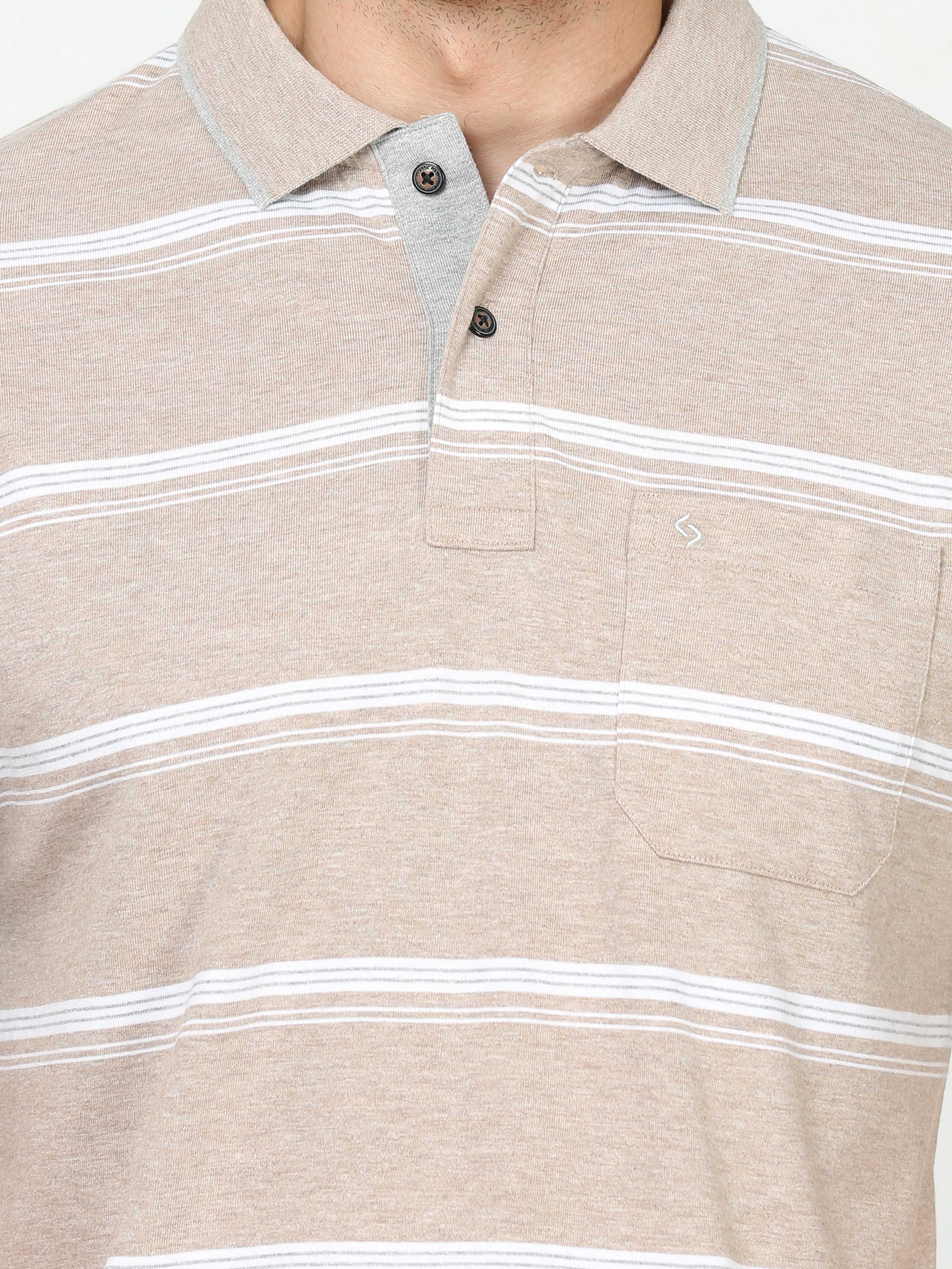 Classic Polo Mens Cotton Half Sleeves Striped Authentic Fit Polo Neck Cream Color T-Shirt | Mel - 238 A Af P