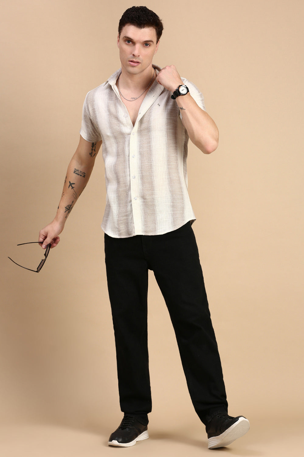 Classic Polo Men's Half Sleeve Beige/Brown Polo Neck Slim Fit Striped Shirt | SP2-GN-01 A-HS-STR-BSL