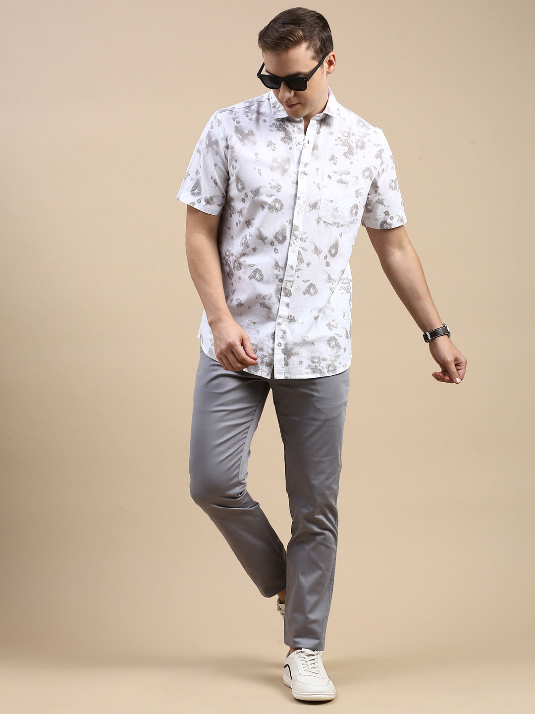 Classic Polo Men's Polo Neck Cotton Linen White/Grey Slim Fit Printed Shirt | LINEN-28B-HS-PRT-SF