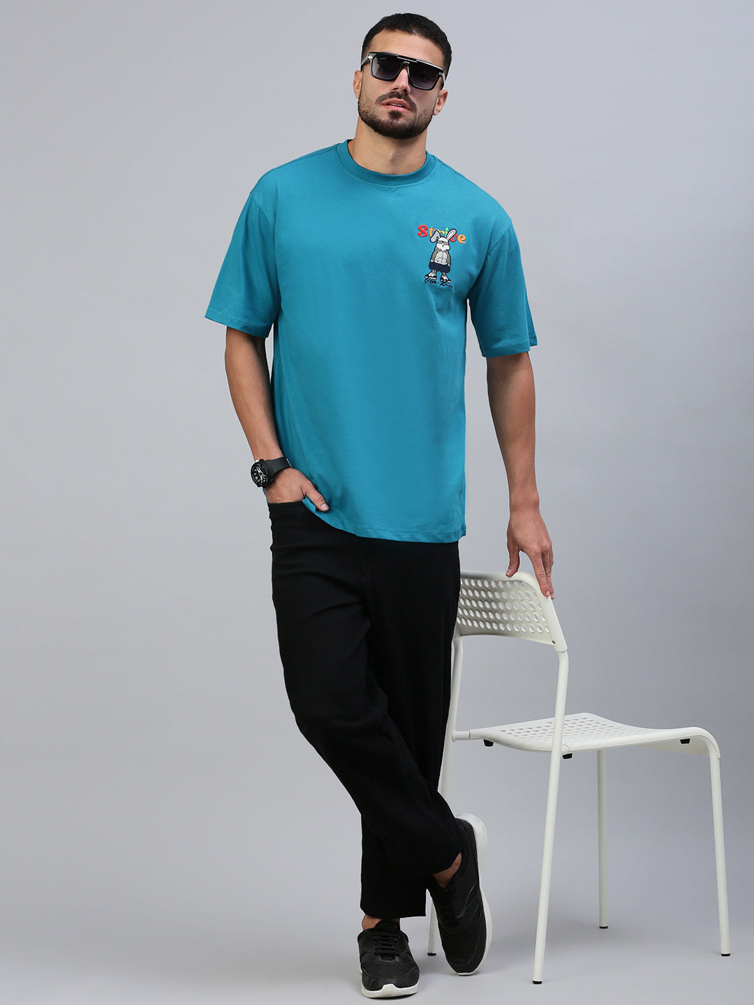 Classic Polo Men's Half Sleeve Teal Blue Crew Neck Slim Fit Embroidery Drop Shoulder T-Shirt||GENX-CREW 72 A SF C
