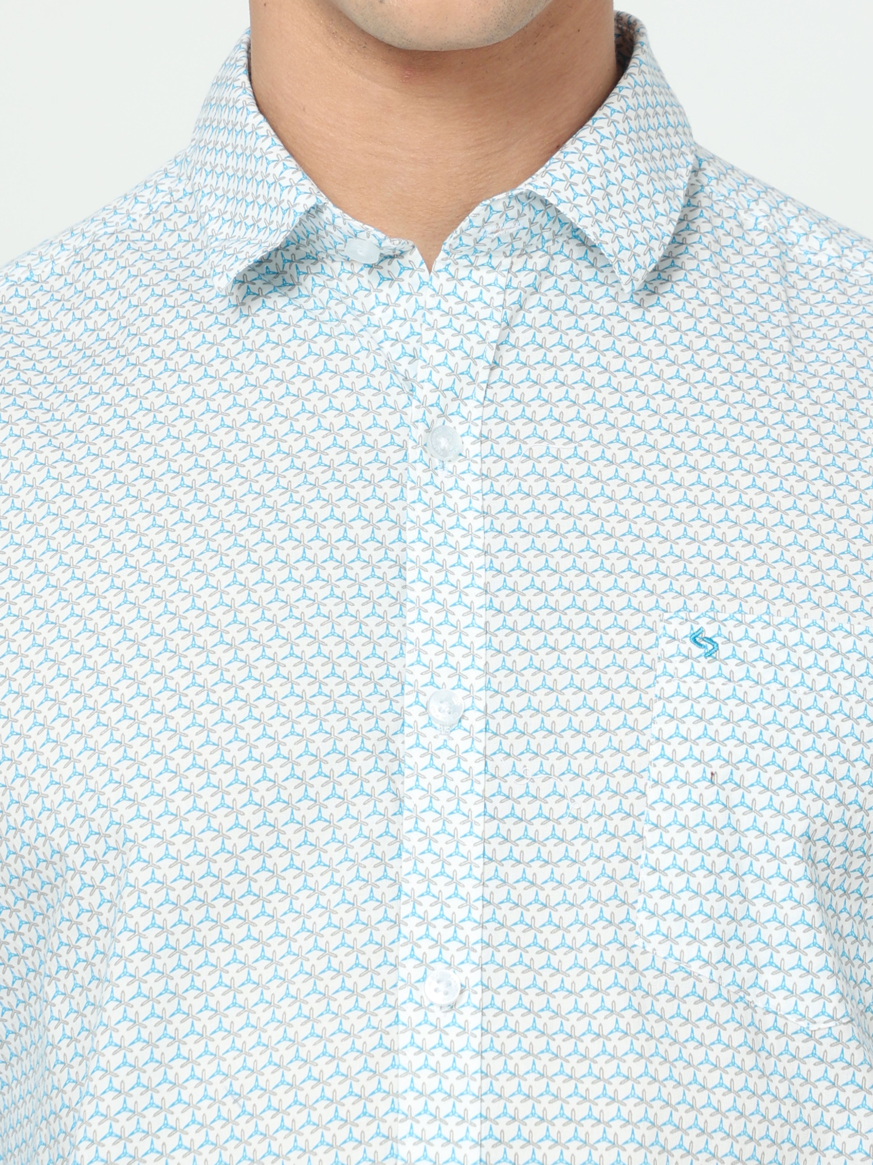 Classic Polo Men's Cotton Full Sleeve Printed Slim Fit Polo Neck Light Blue Color Woven Shirt | So1-147 B