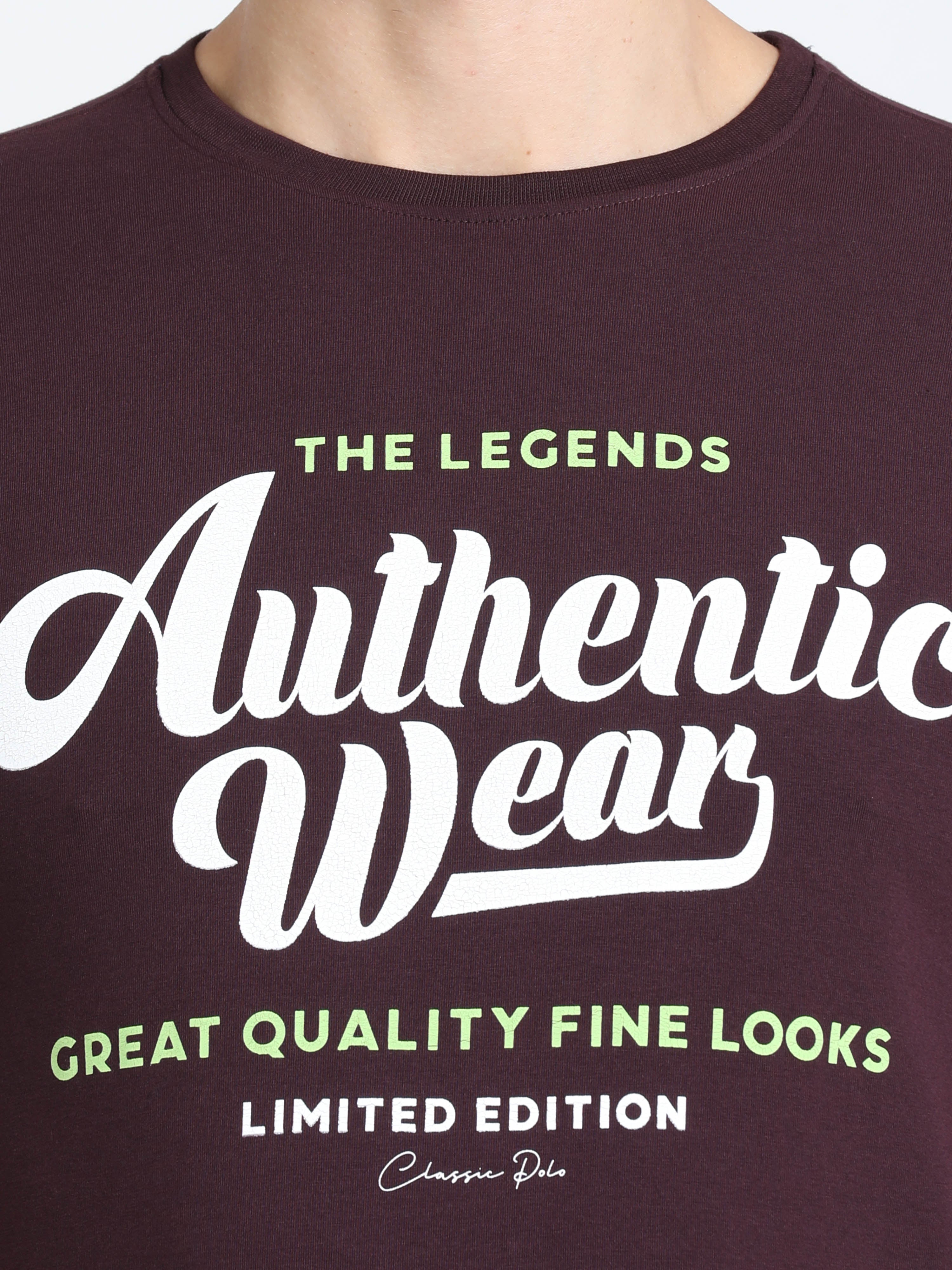 Classic Polo Mens Cotton Half Sleeves Printed Slim Fit Crew Neck Burgudy Color T-Shirt | Baleno - 560 B Sf C